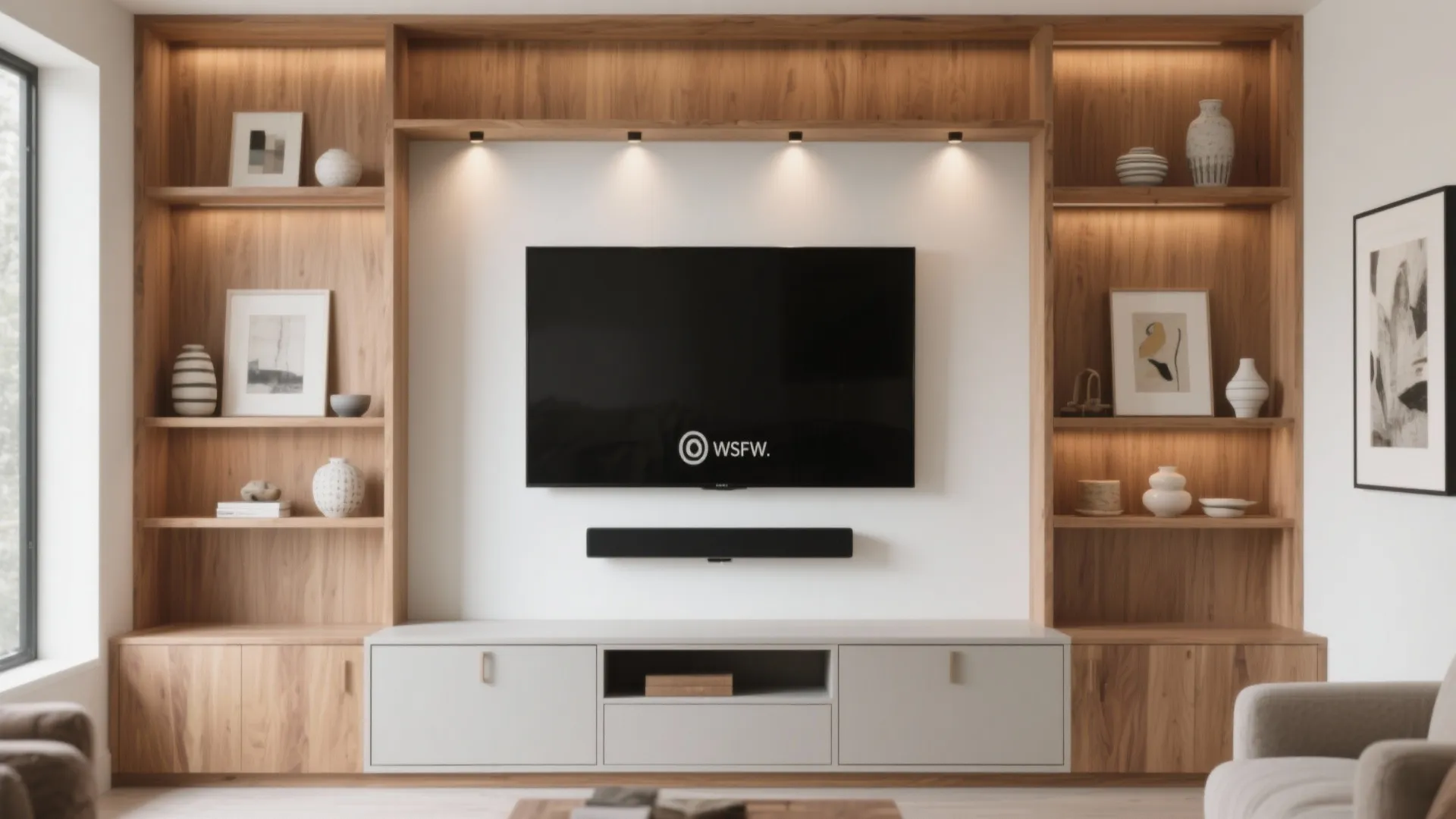 Built-In Wood Shelving Around the TV Wall