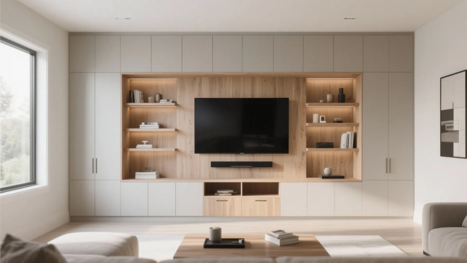 Modern living room featuring large television mounted on custom wood and beige wall cabinet storage