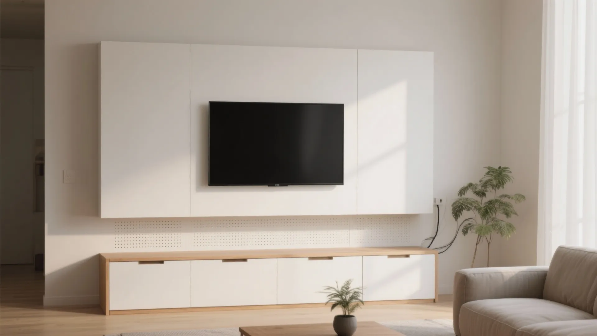 Minimalist white wall panel design for television with long wooden floor cabinet and indoor plant