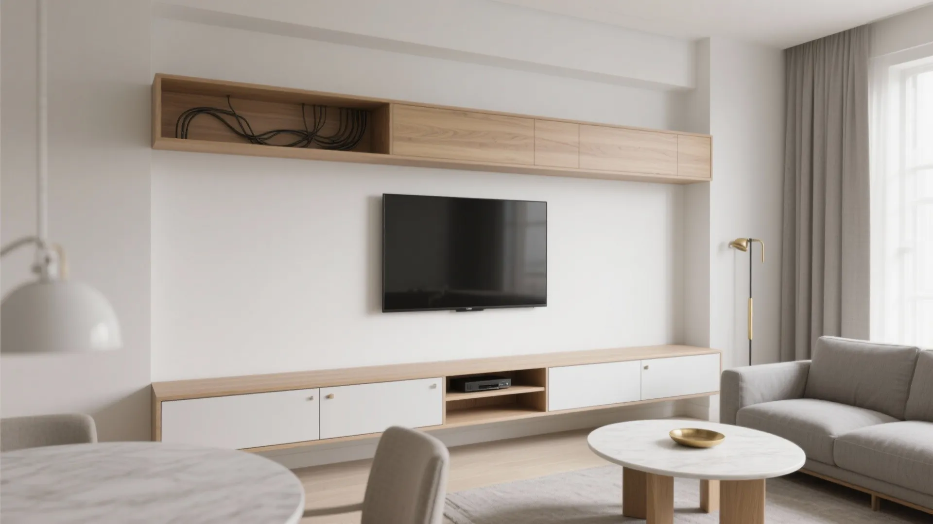 Minimalist TV wall that doubles as storage and a dining backrest