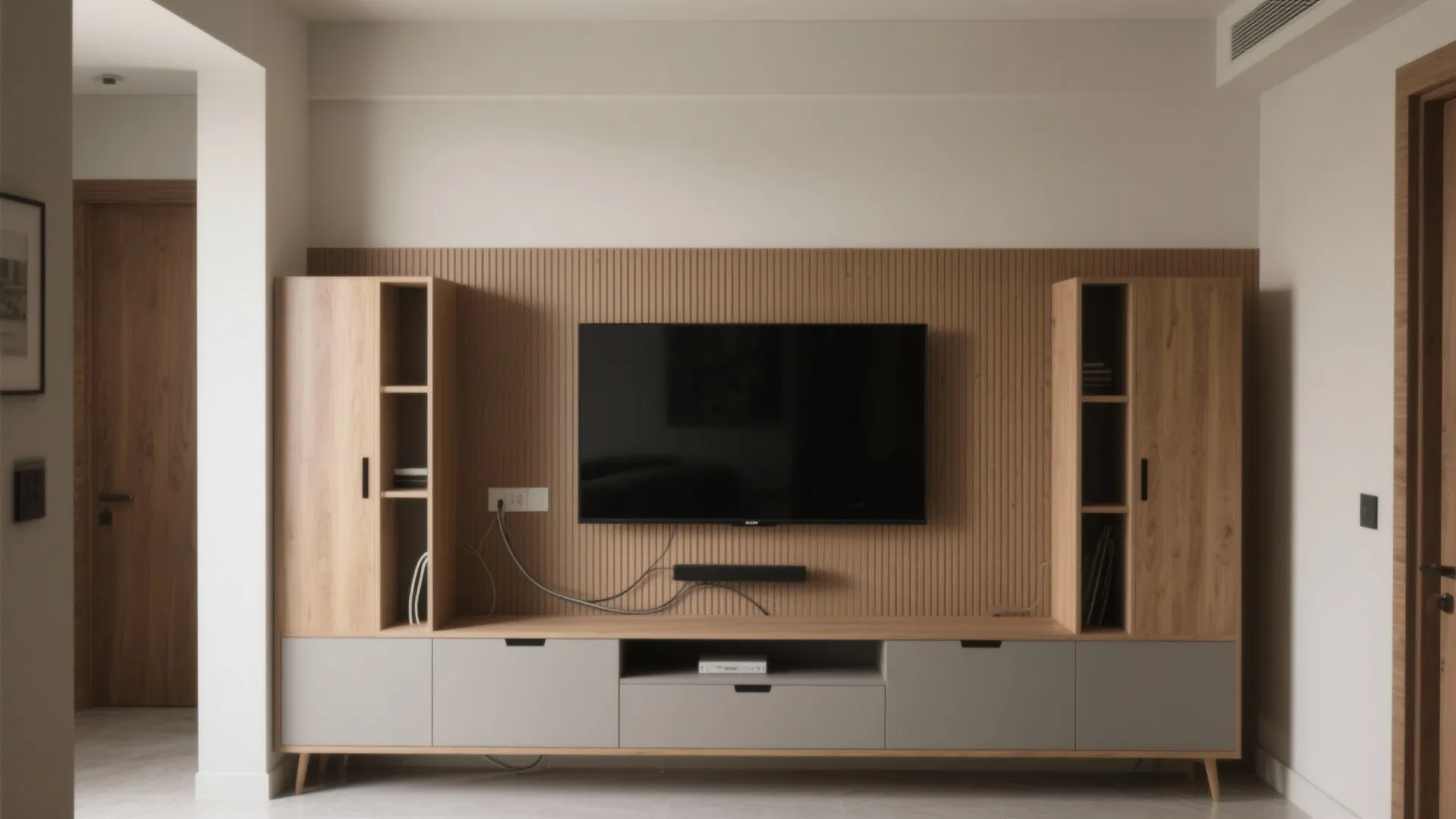 Minimalist storage along the TV wall