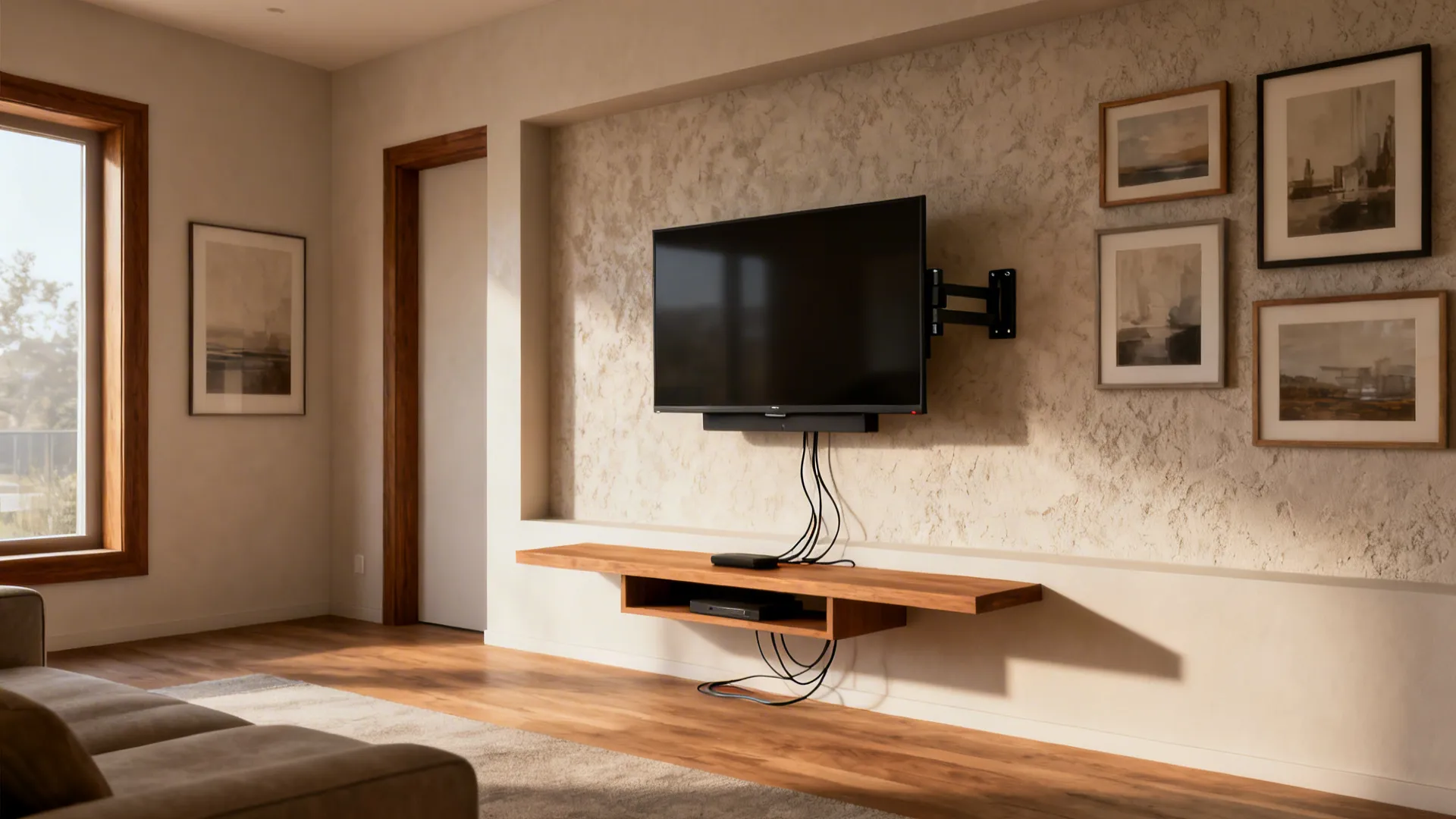 Composite living room scene showing multiple TV wall strategies in a cohesive design.