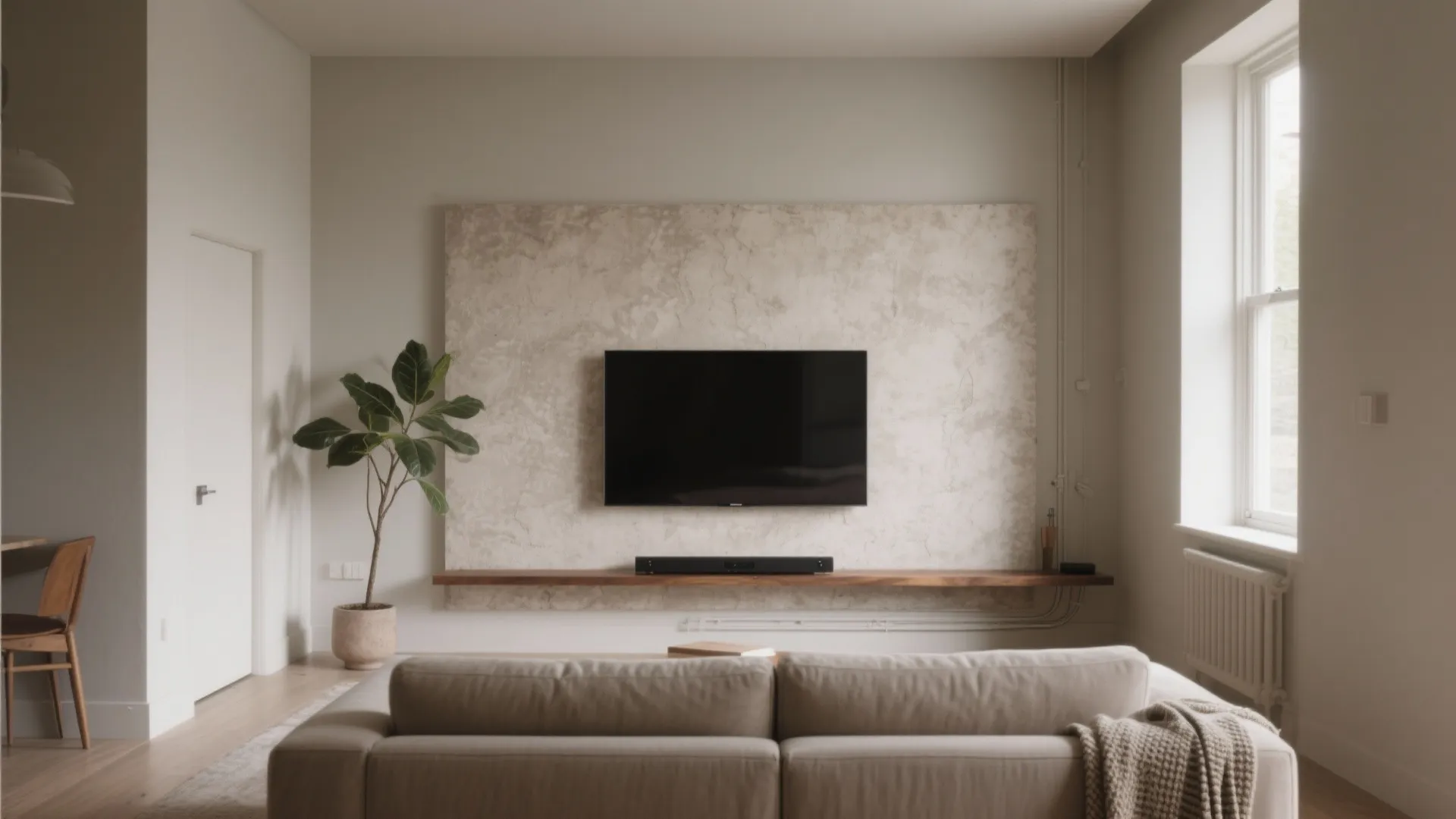Beige living room with textured wall panel behind television featuring wooden floating shelf and plant
