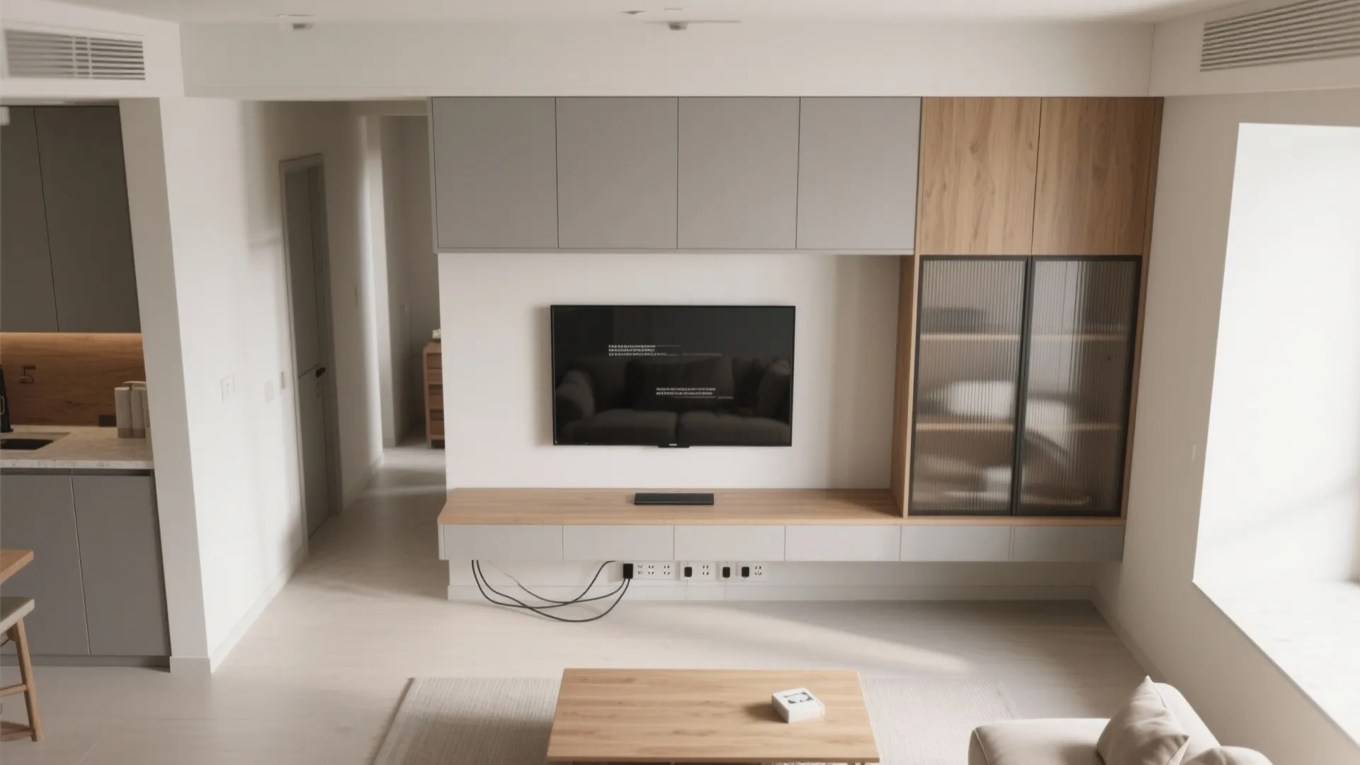 Top down view of living room showing television wall with gray and wooden storage cabinets