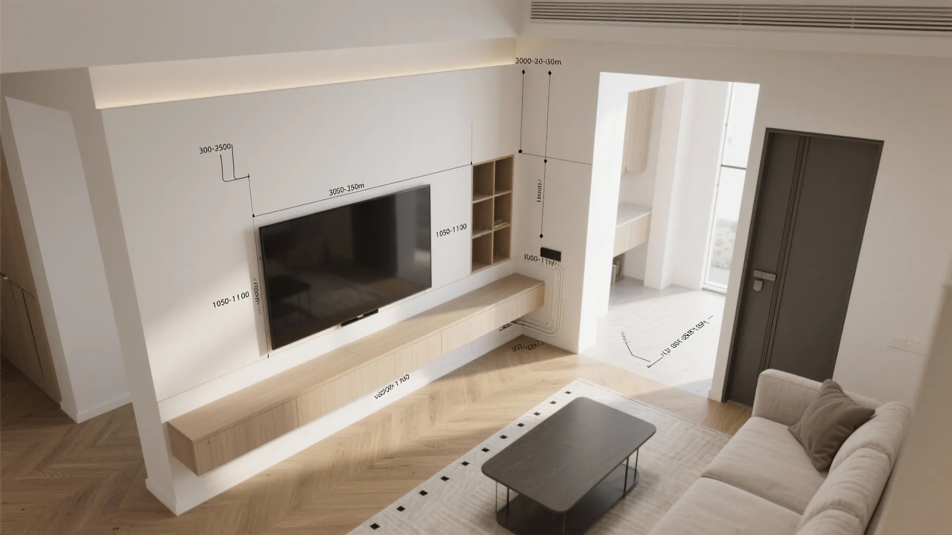 Minimal floating console with hidden cable management