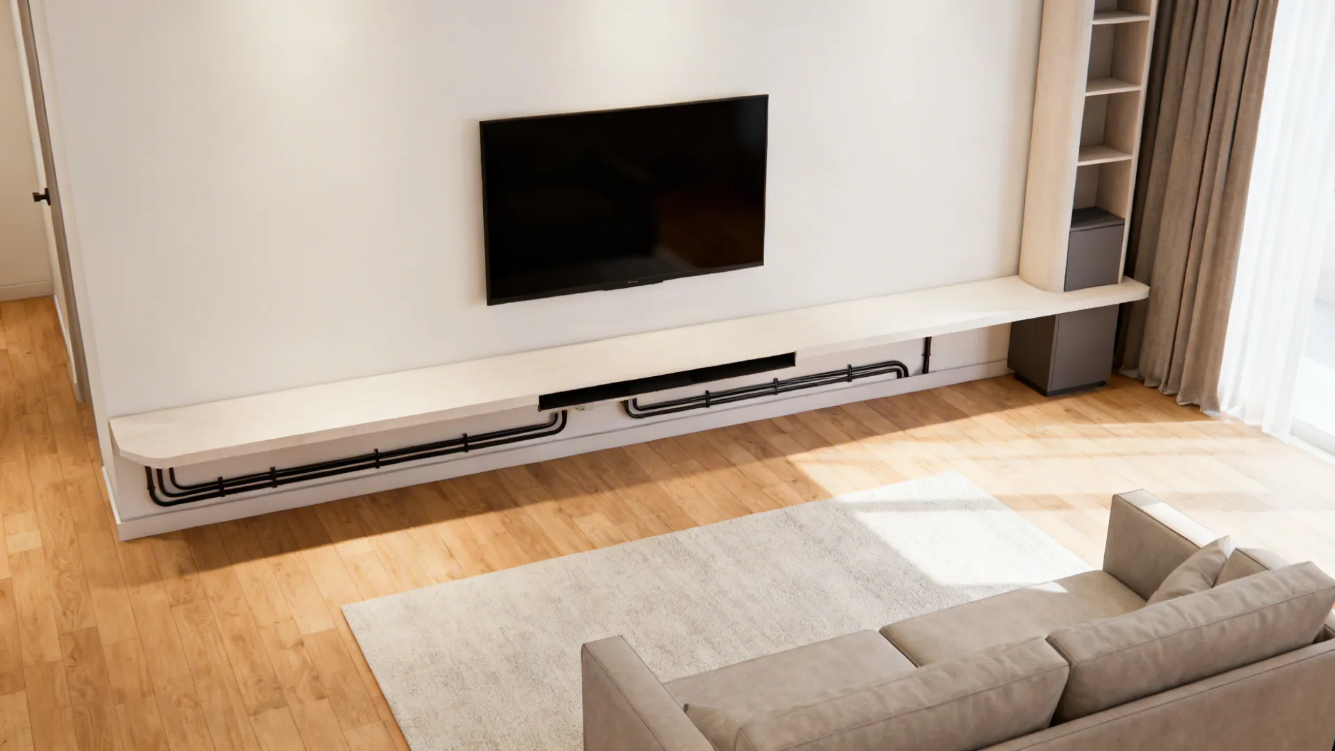 Top-down layout view showing floating TV console proportions and clear circulation zones.
