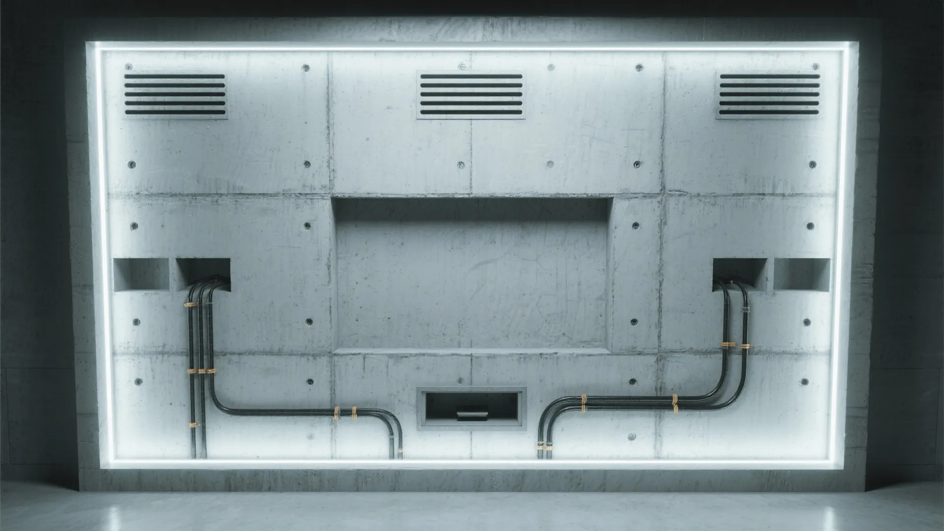 Concrete wall layout with central television area three air vents black pipes and bright light