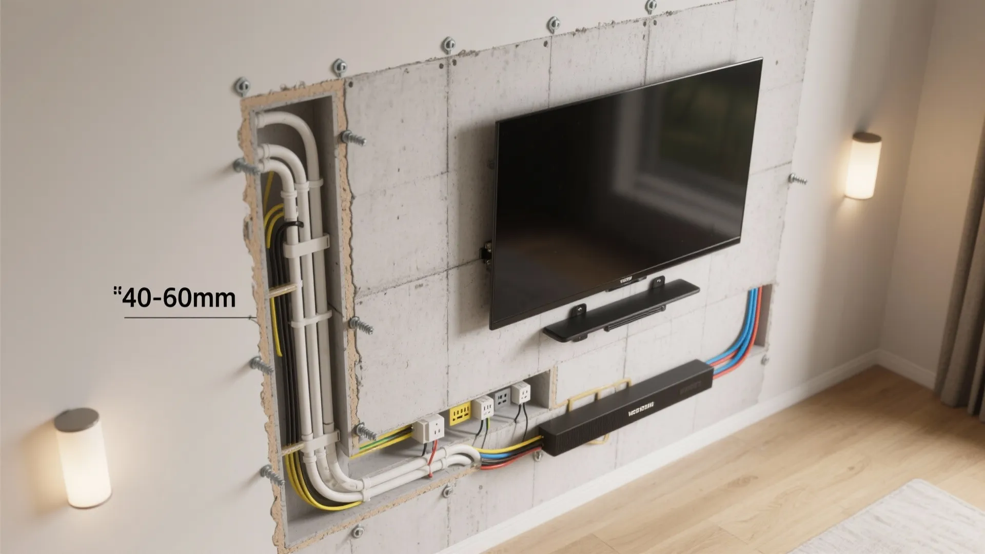 Minimalist Cement TV Wall with Hidden Wiring