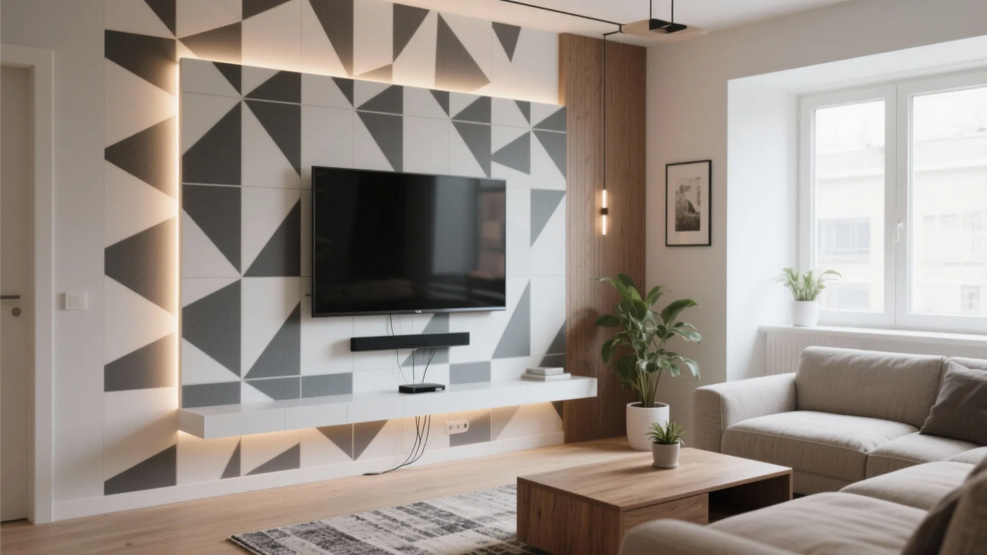 Modern living room featuring geometric pattern wall tiles behind a flat screen television and sofa