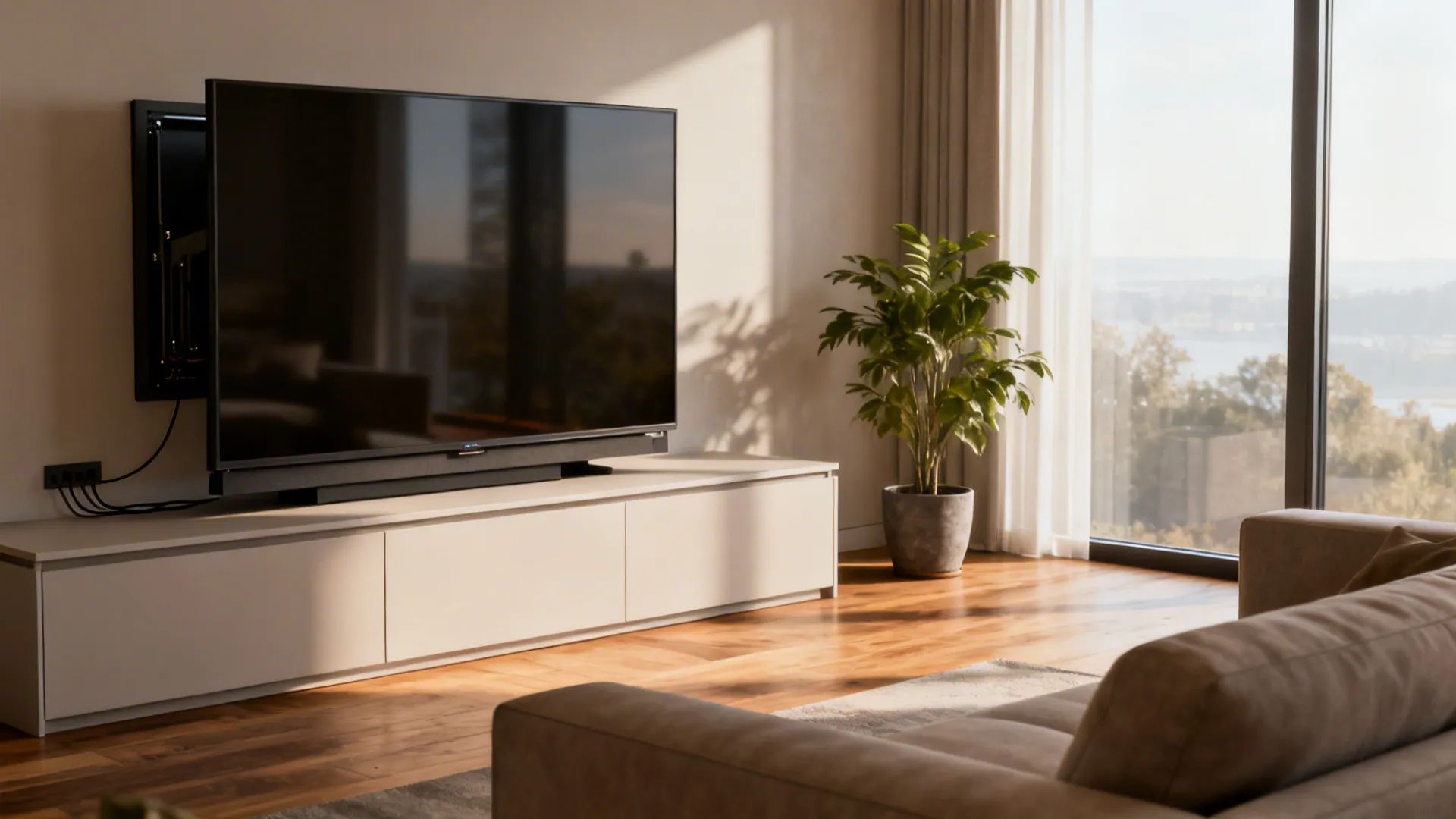Motorized television mount lifting a large screen above a white cabinet in a bright room