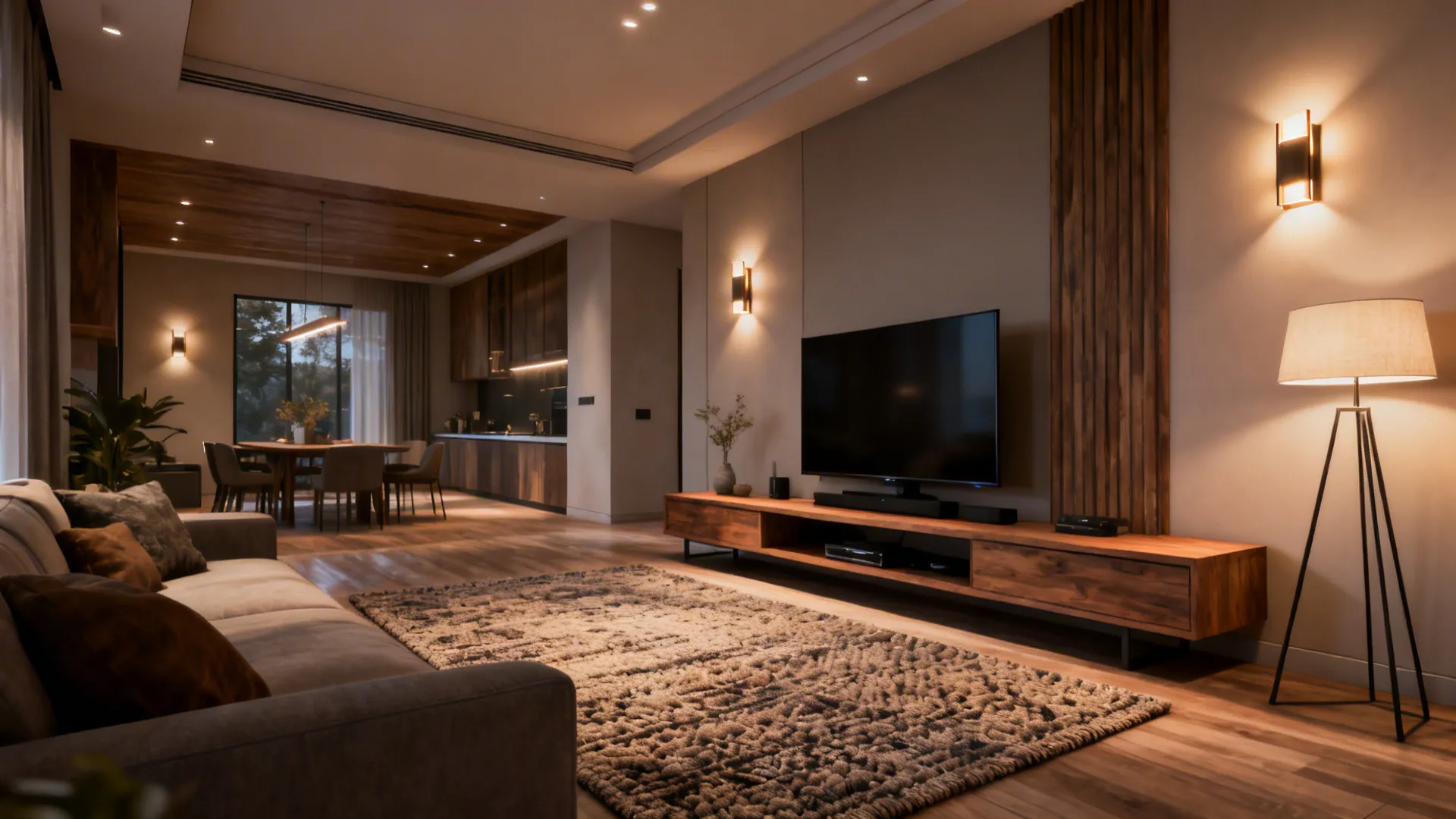 Open-plan studio with a defined TV zone using a textured rug and layered lighting.