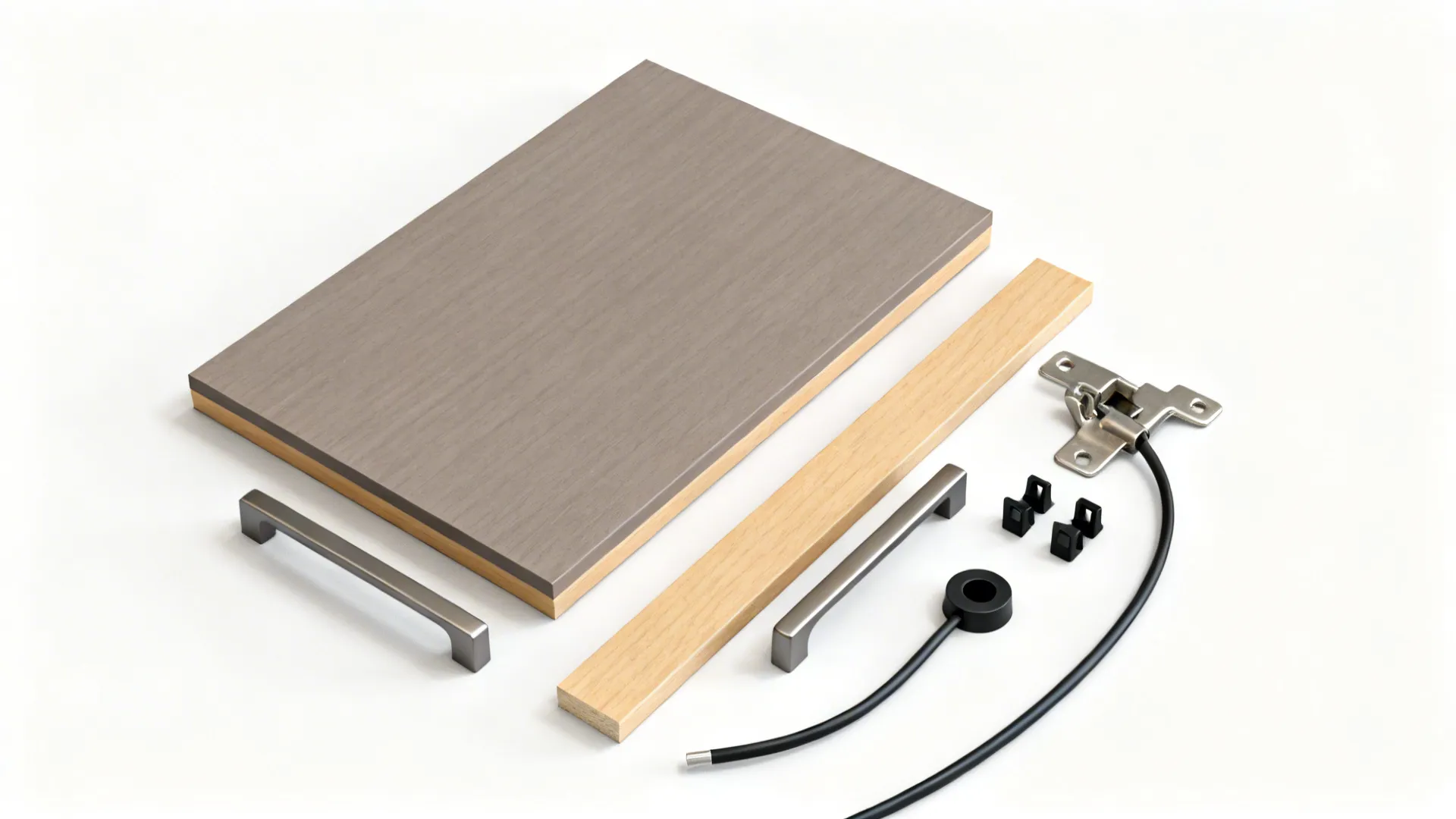 Furniture assembly parts including grey panel, wooden strip, metal handles, hinge, and black power cable