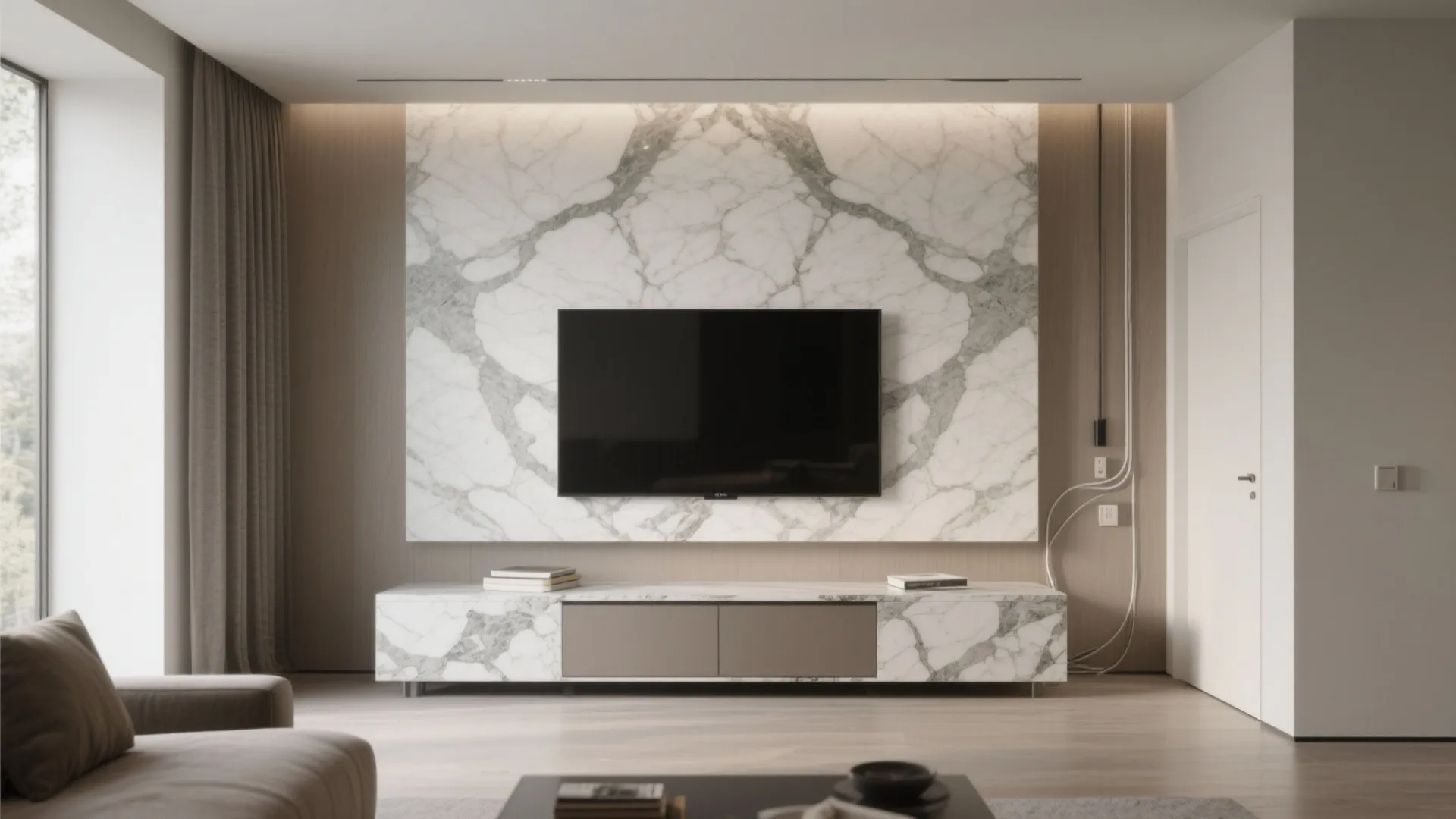 Bookmatched TV Wall With Hidden Storage