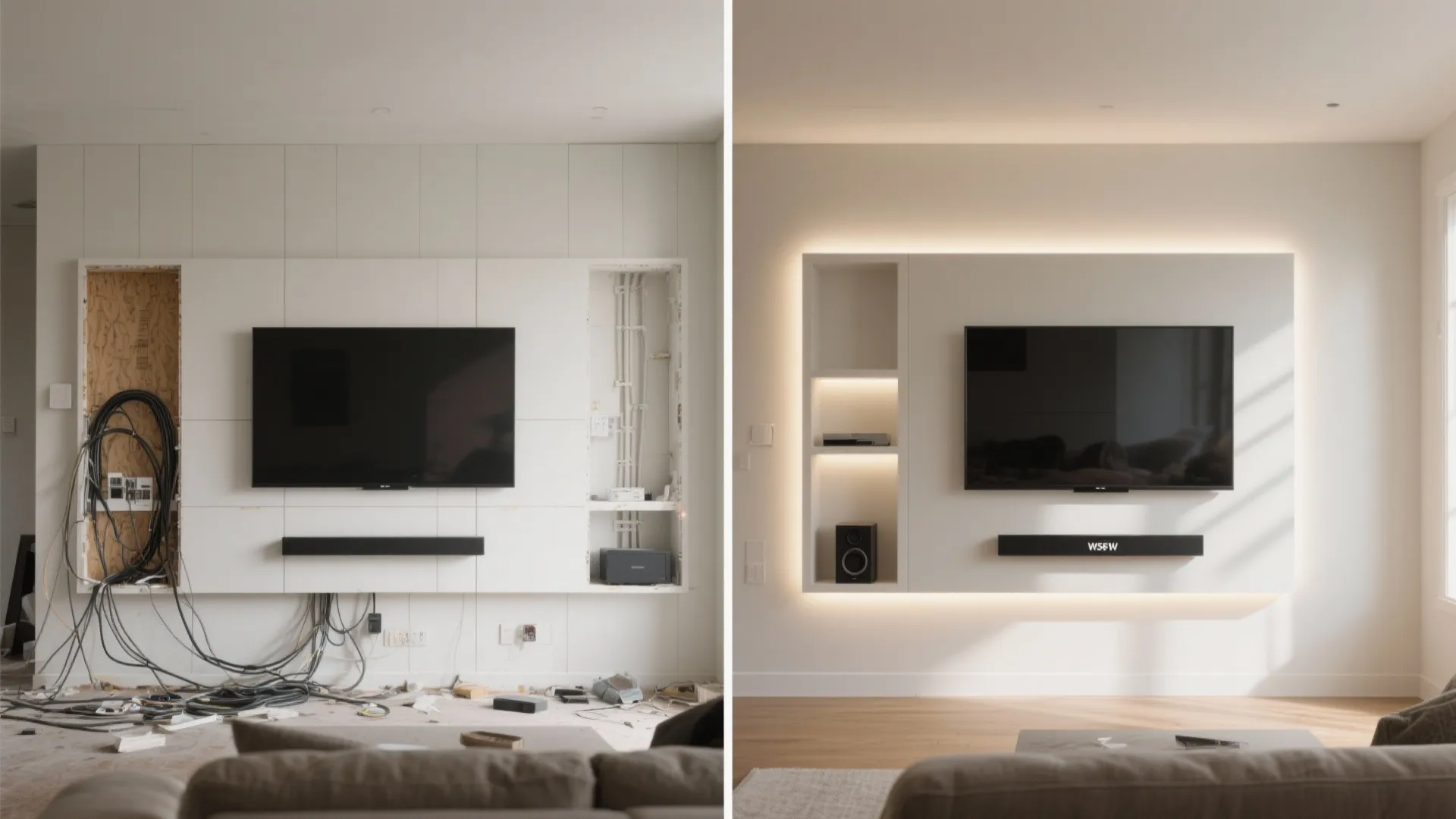 Gypsum TV Wall with Integrated Niches and Backlighting