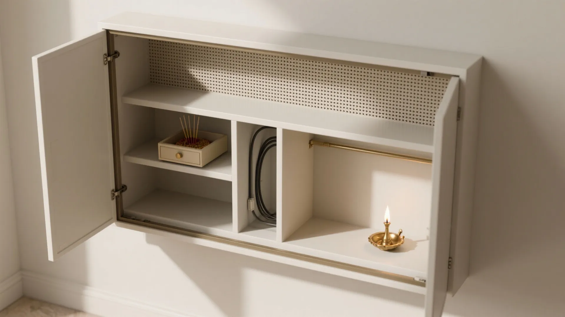 White wall mounted cabinet with open doors showing shelves with incense and a small lamp