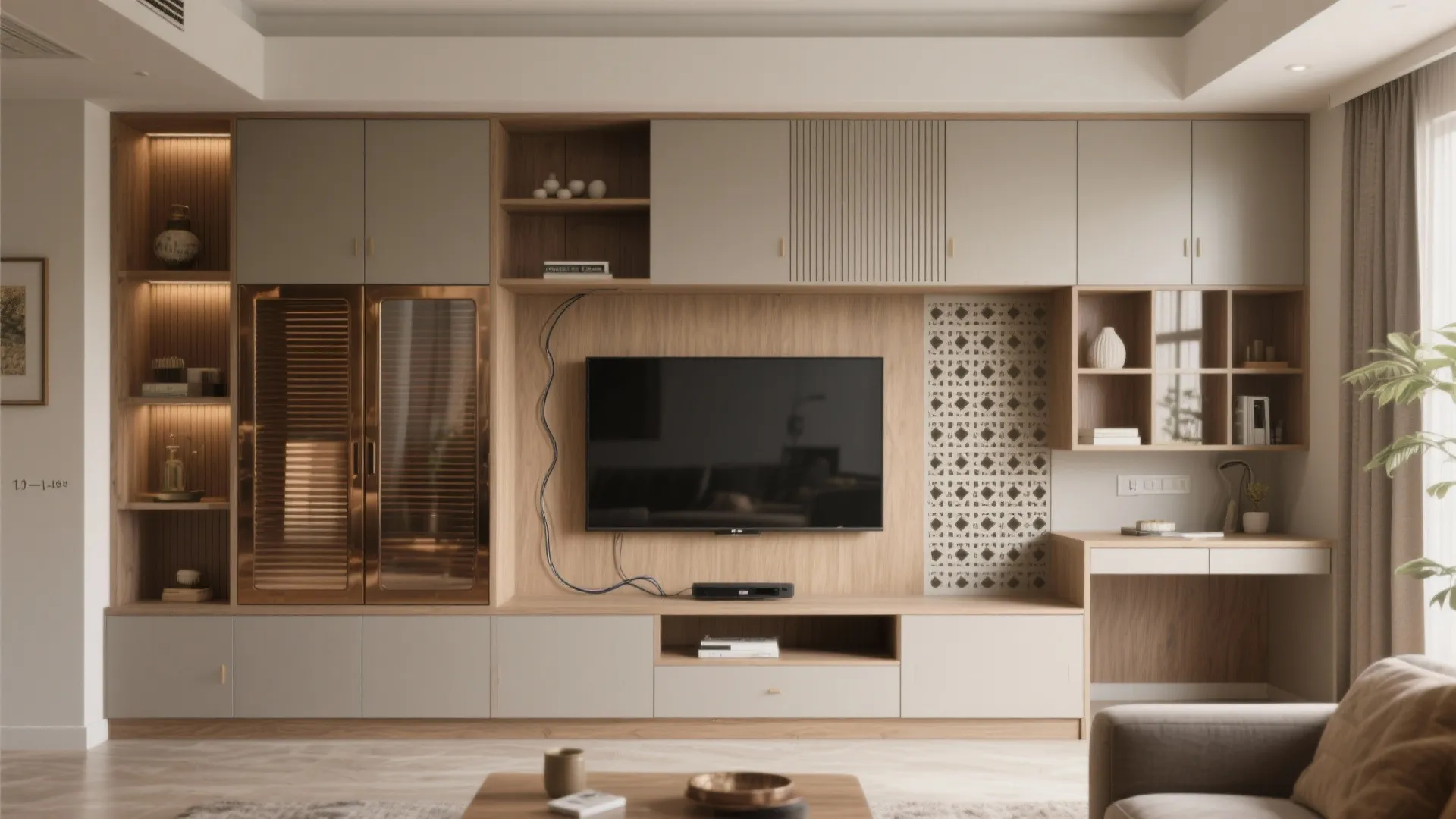 Modern wall cabinet with built-in television featuring wooden panels grey doors and a small desk