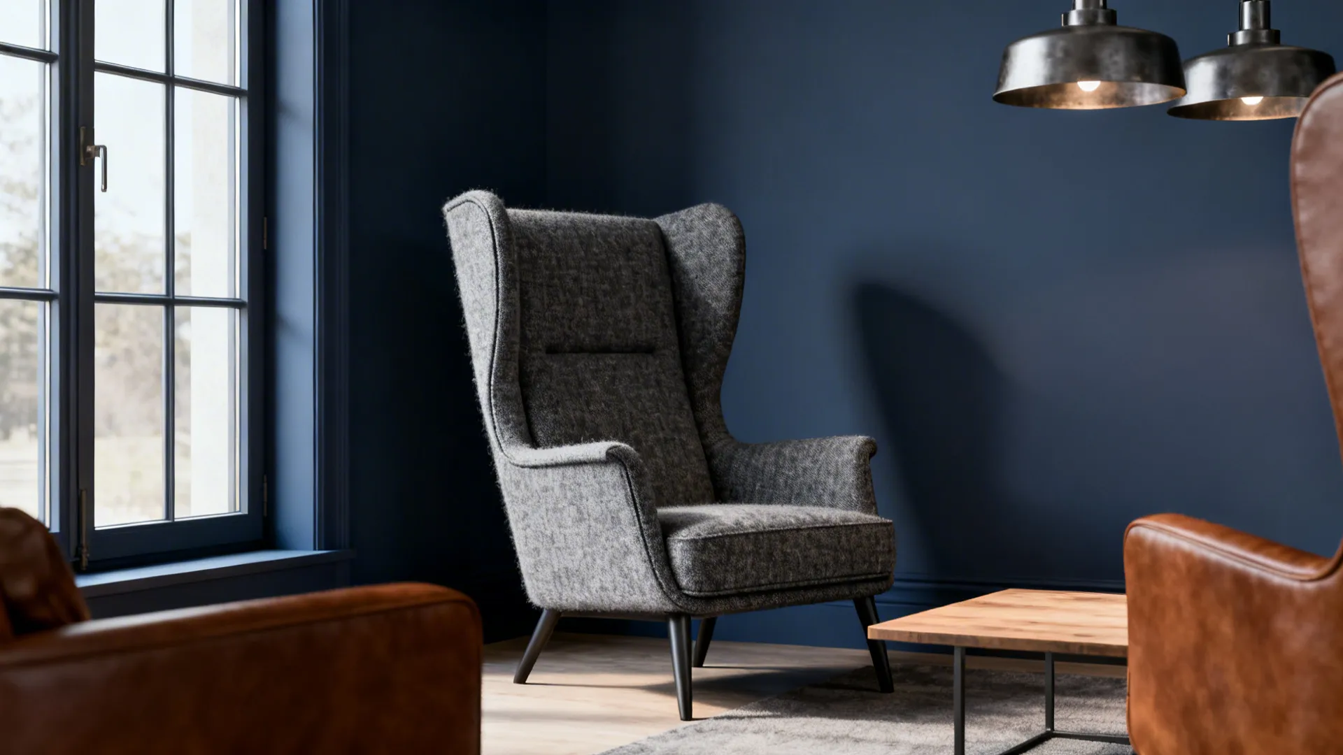 High back grey sofa next to dark blue wall with wood floor and metal light fixture