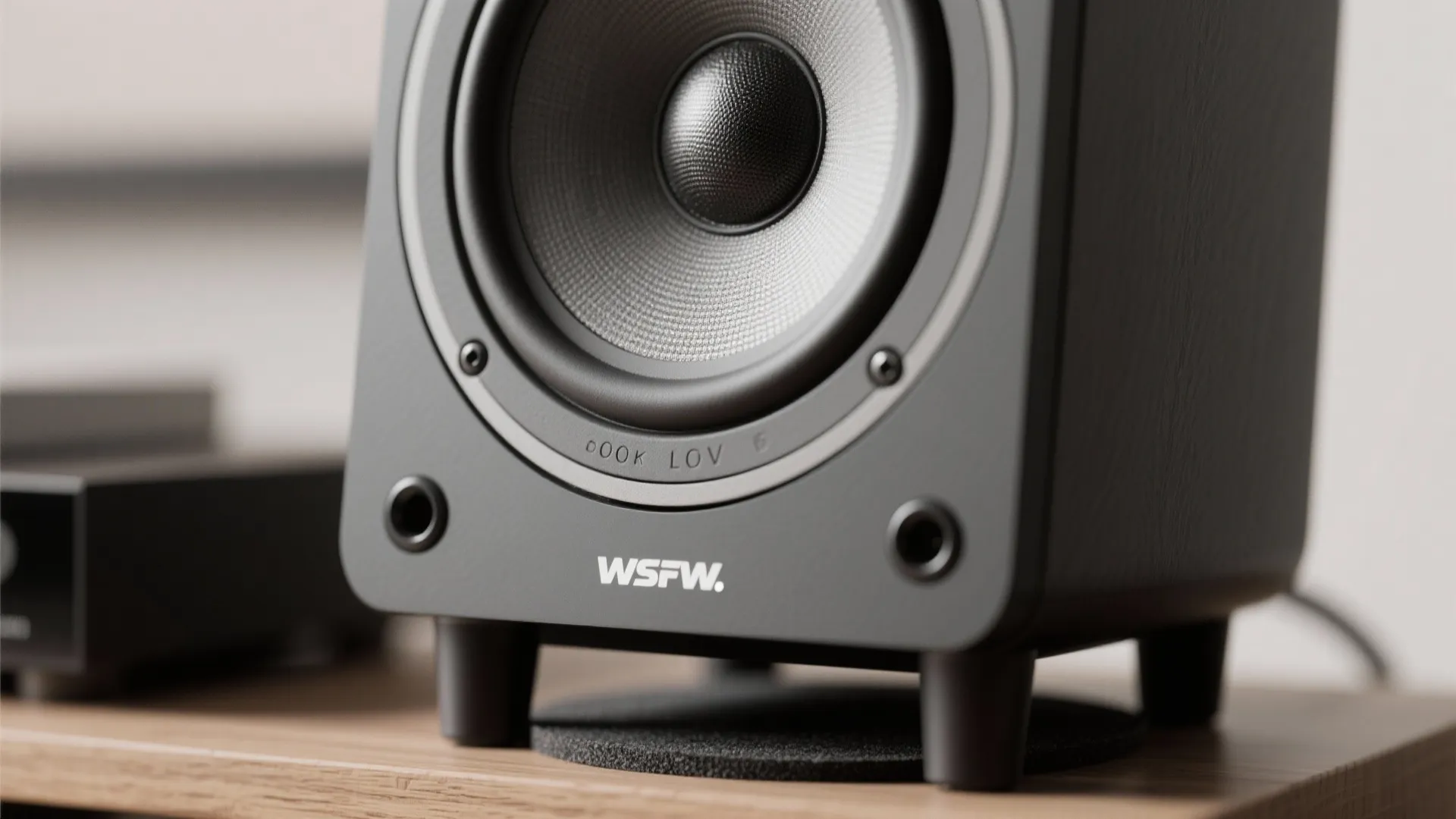 Black desktop speaker with round driver sitting on wooden desk in a modern home setup