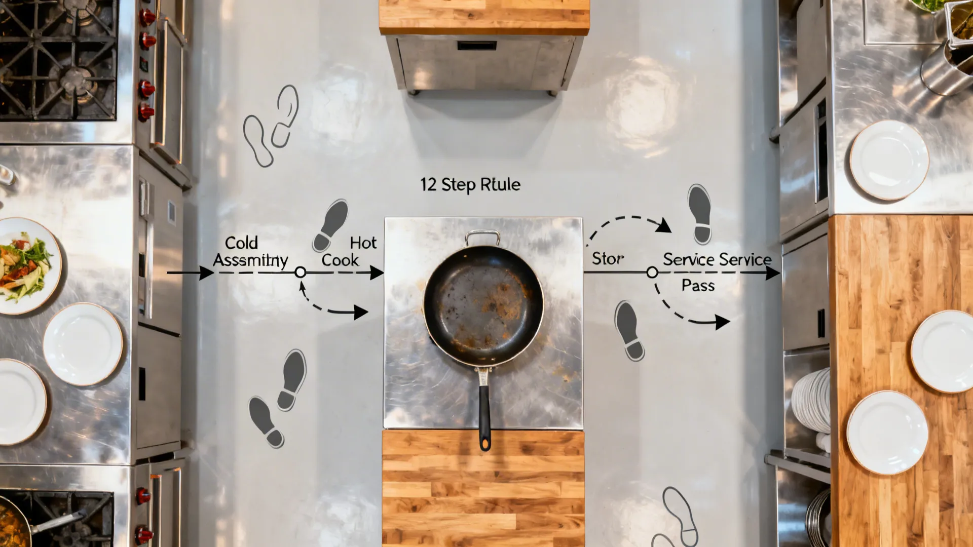 Top-down layout showing minimized walking paths between cold, hot, and pass stations.