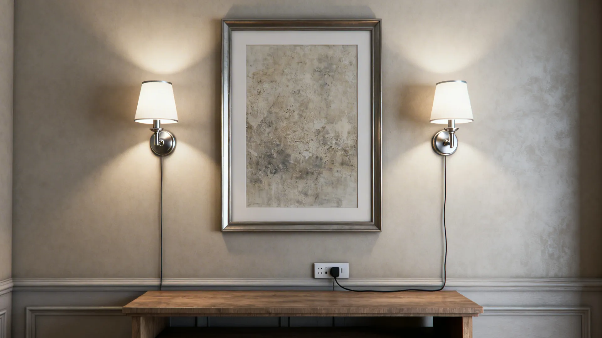 Two silver wall lights flanking a framed picture above a wooden table with power outlet