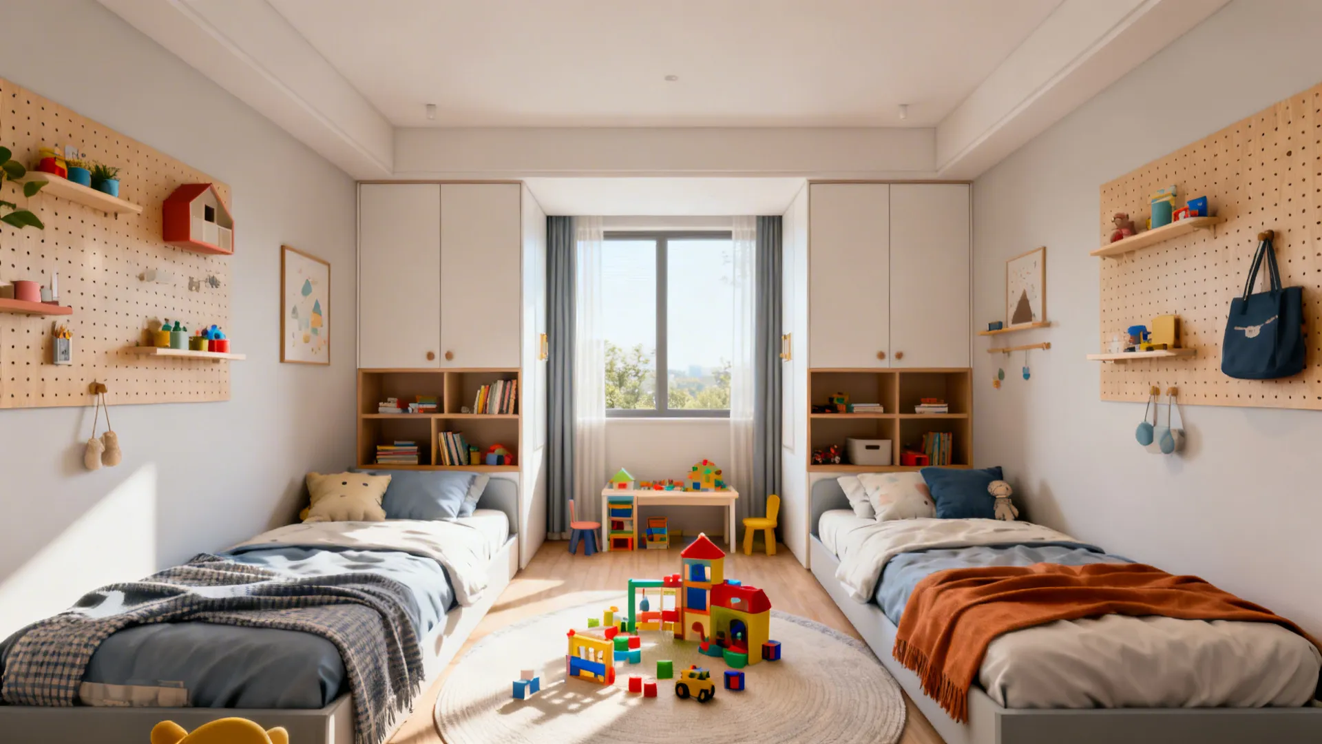 Kids' room with two twin beds mirrored in opposite corners leaving a central play area and vertical storage on walls.