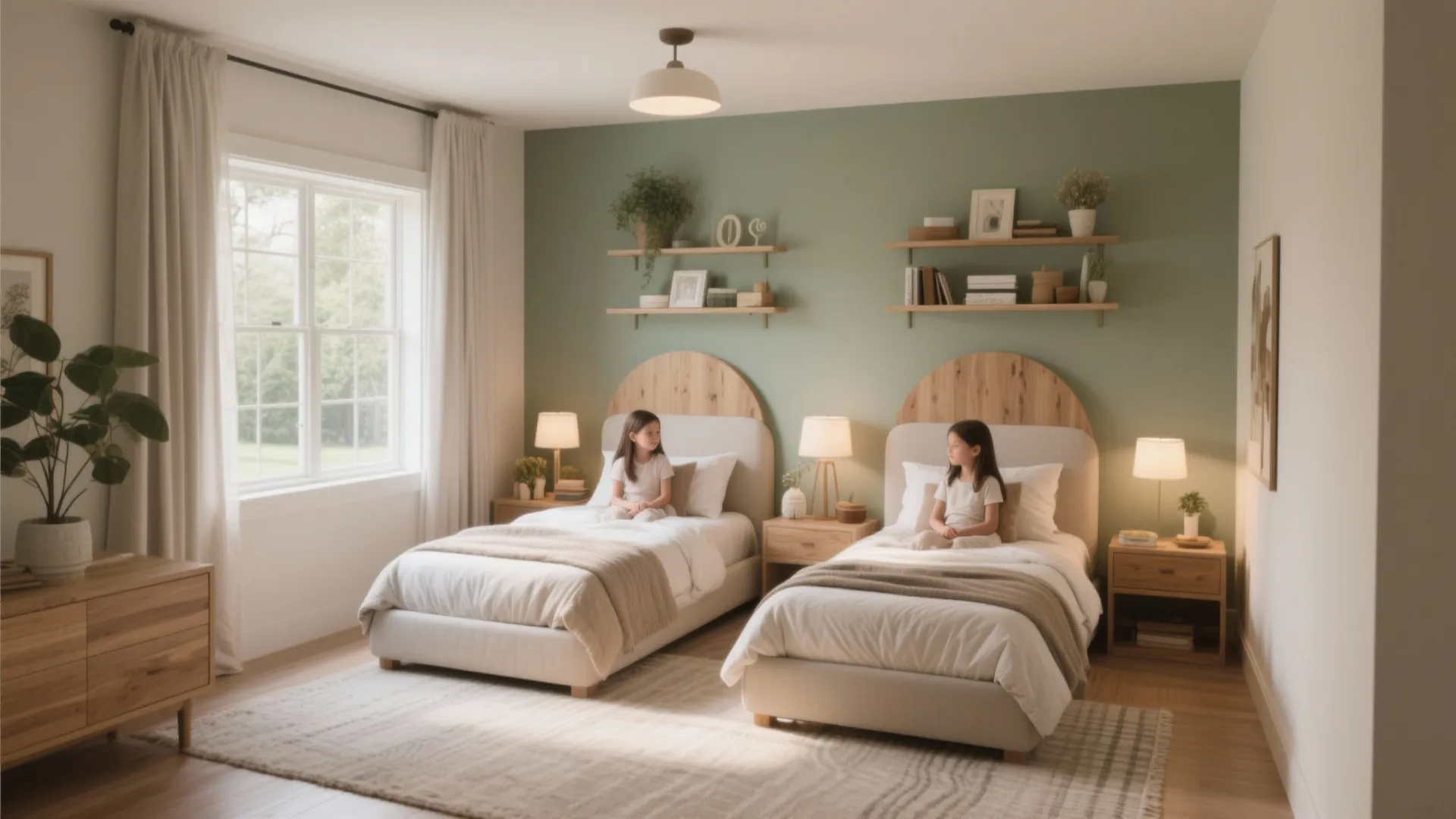 Twin bedroom with green wall wooden shelves two single beds and a large floor rug