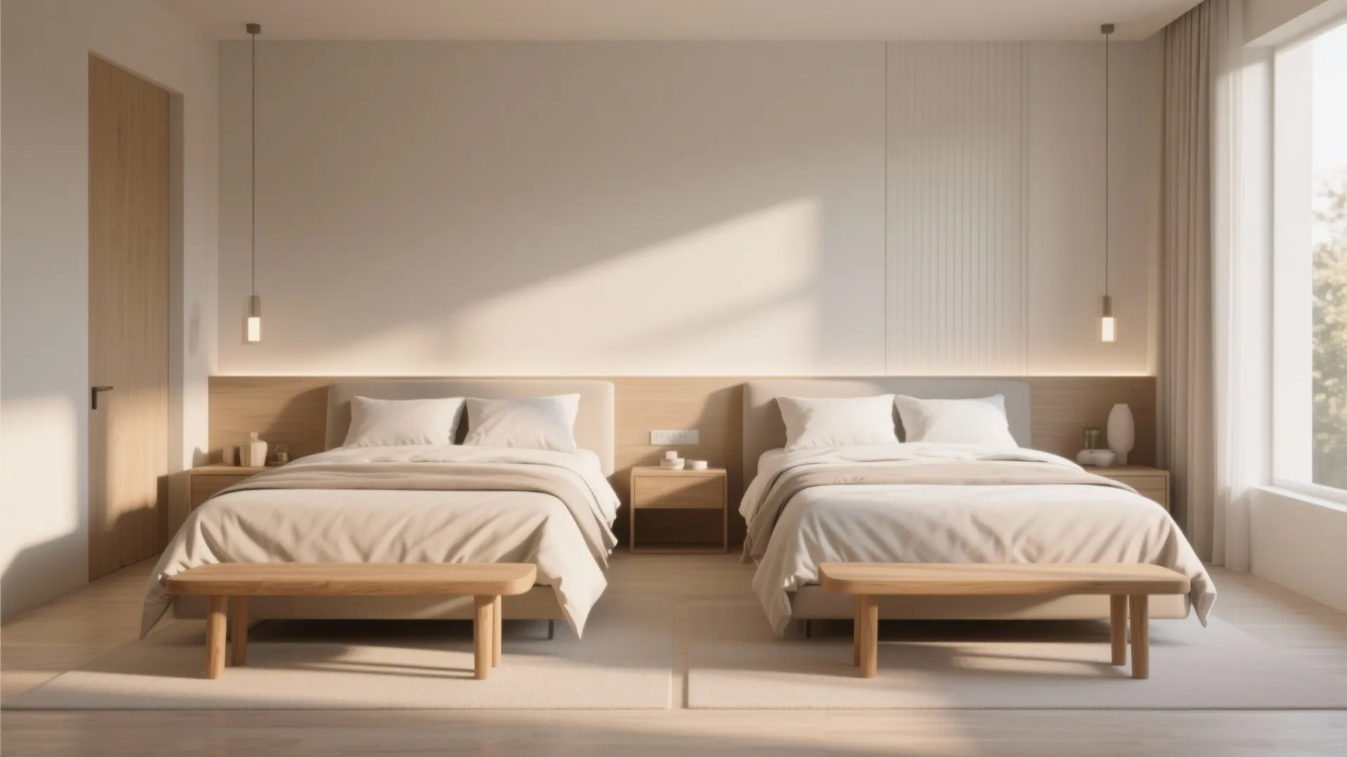 Modern bedroom with two twin beds wooden benches light wood floor hanging lights and sunlight