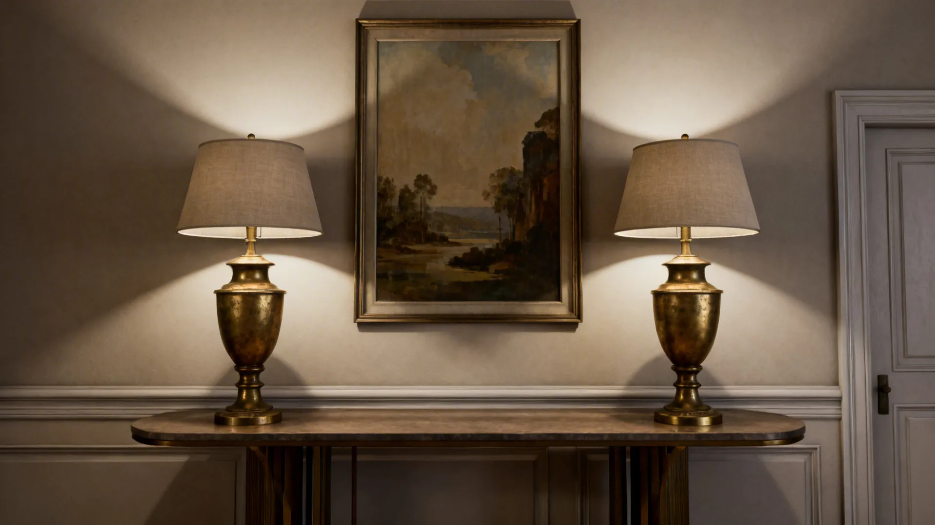 A media console flanked by twin antique brass table lamps providing symmetrical, layered lighting.