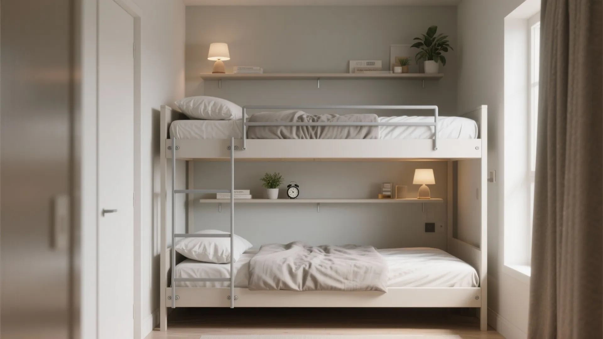 Modern white bunk bed featuring built in wall shelves with small lamps plants and books
