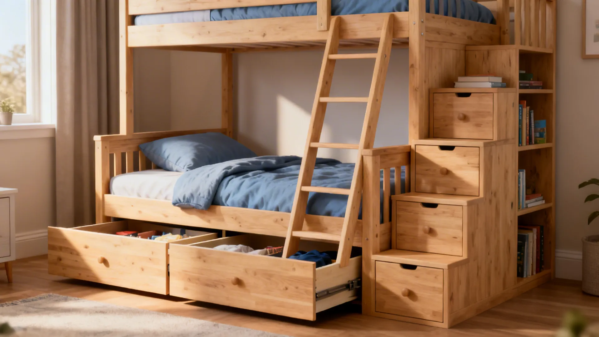 Twin-over-twin bunk bed with built-in drawers and shelving along the ladder