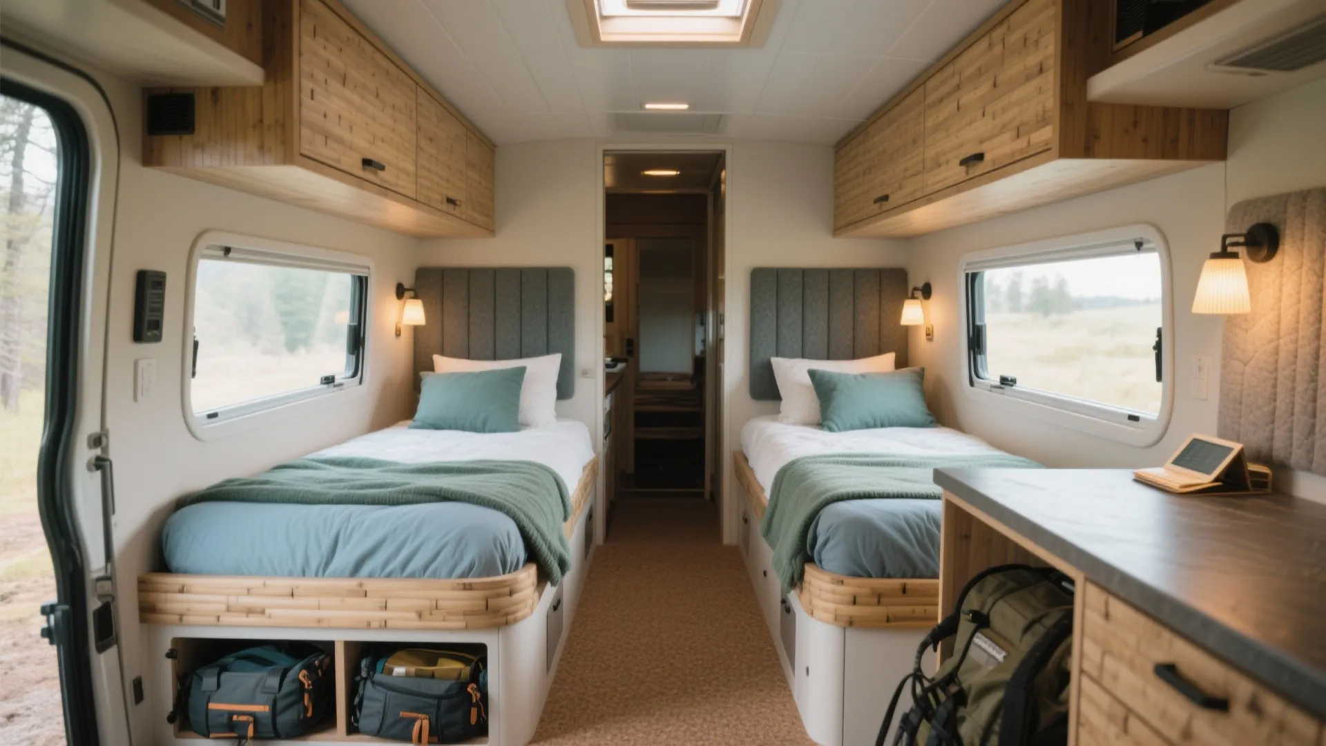 Interior of a camper van with twin beds, teal bedding, wooden cabinets, and wall lights