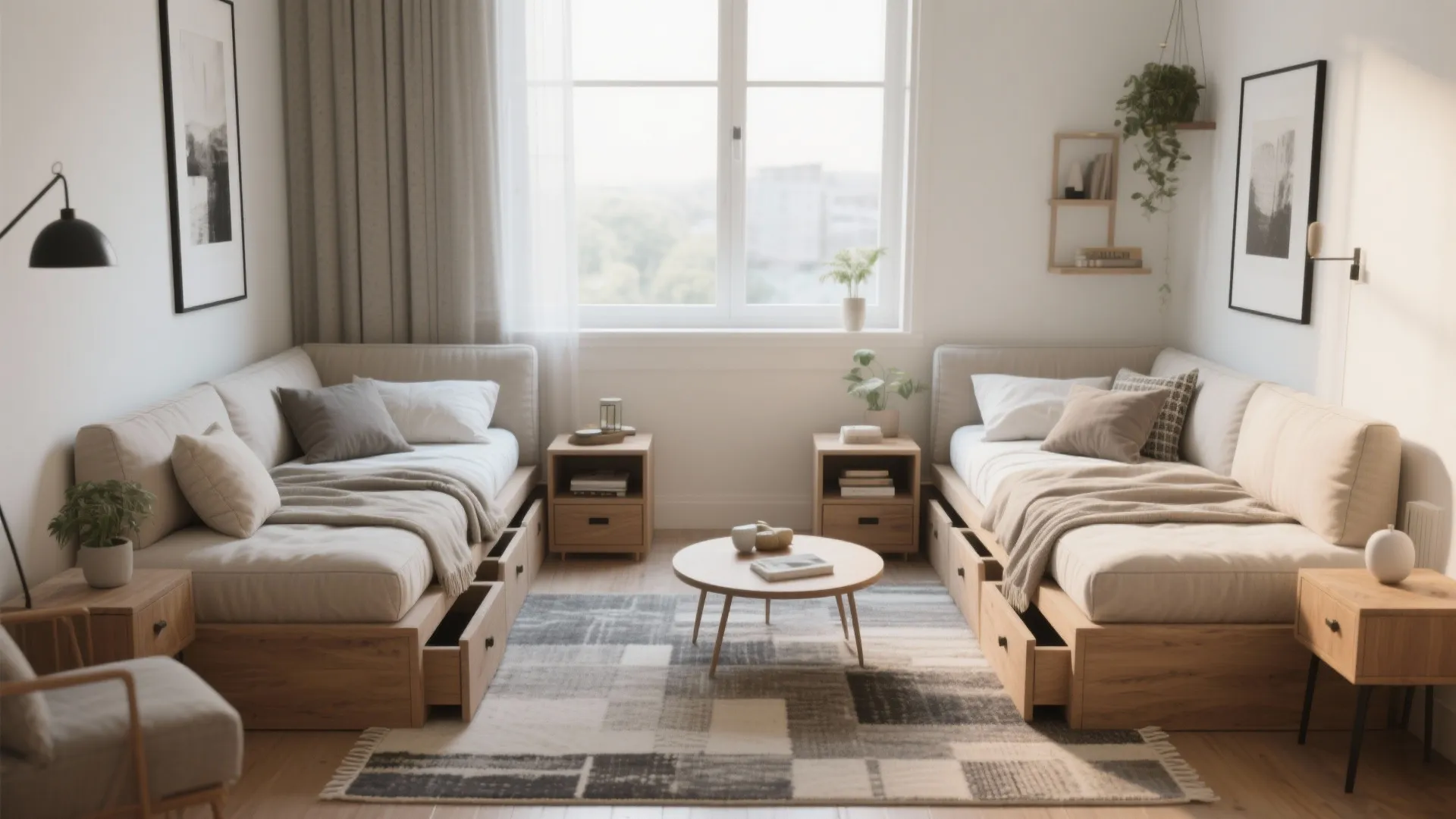 Two wooden beds with storage drawers facing each other in a bright room with large windows