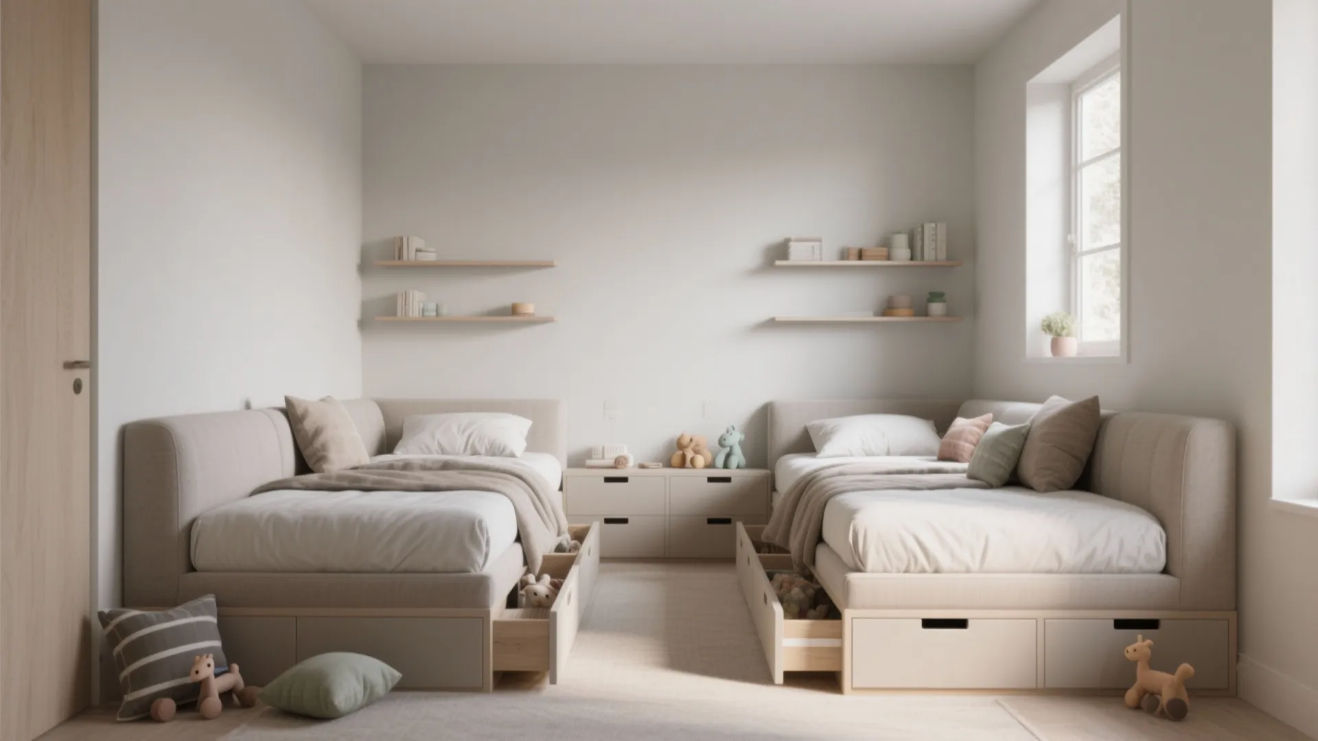 Minimalist kids bedroom with two light beige beds featuring built in storage drawers and shelves