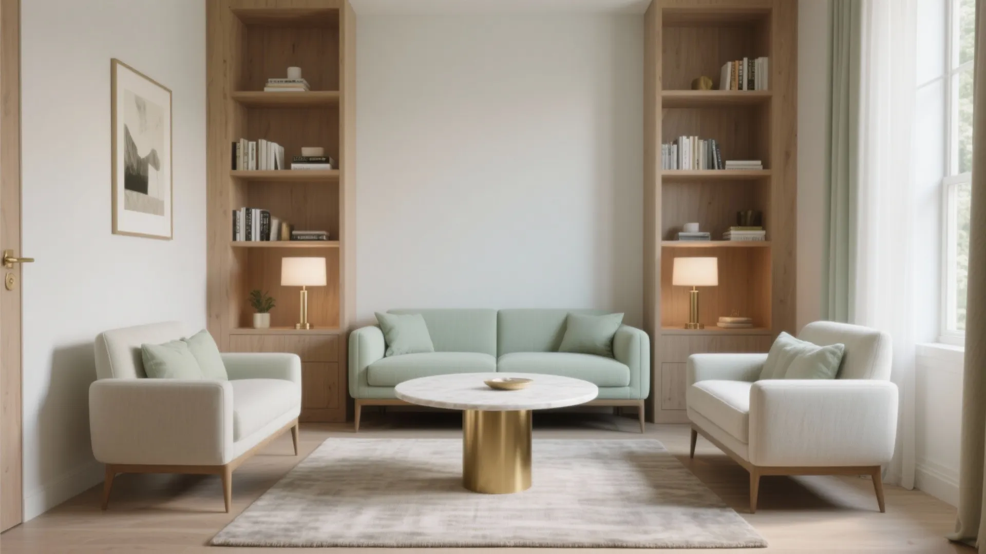 Symmetrical living room design with three sofas and tall wooden bookcases flanking a white wall