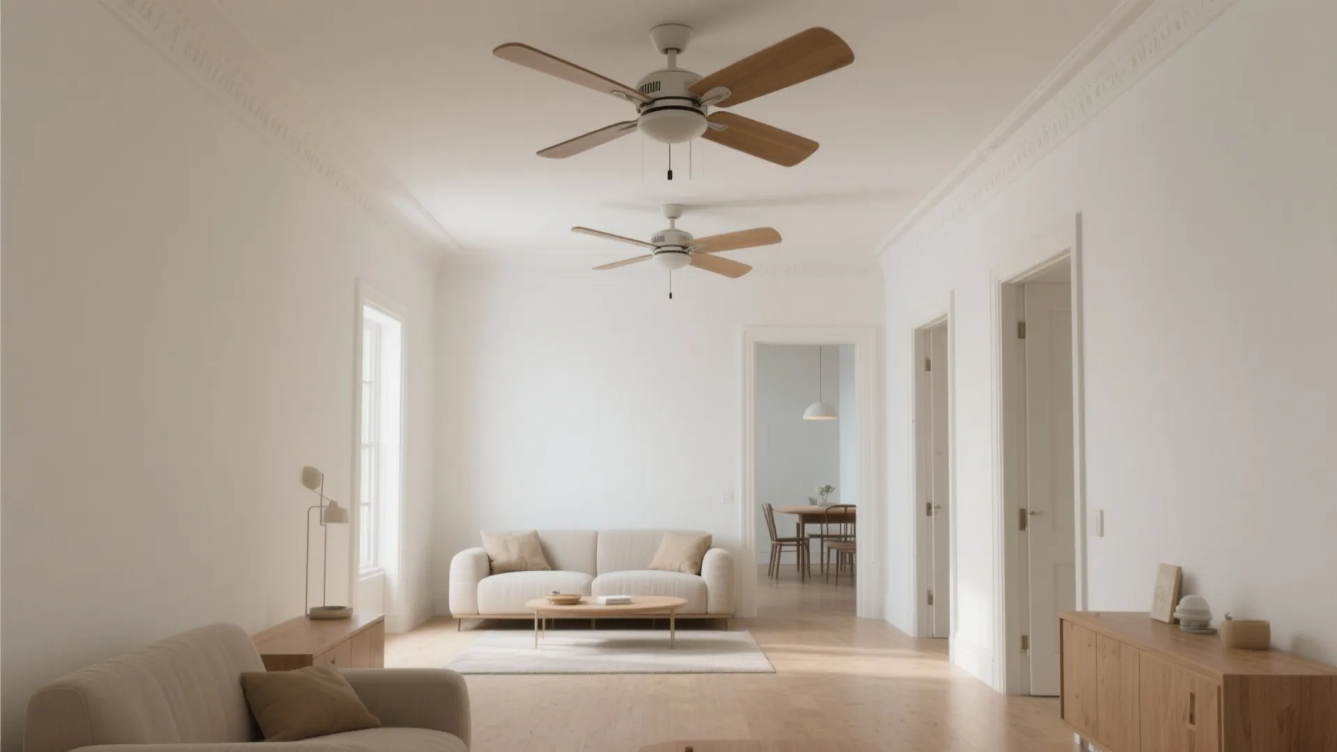 Bright white living room with two ceiling fans, comfortable sofa, coffee table, and dining area