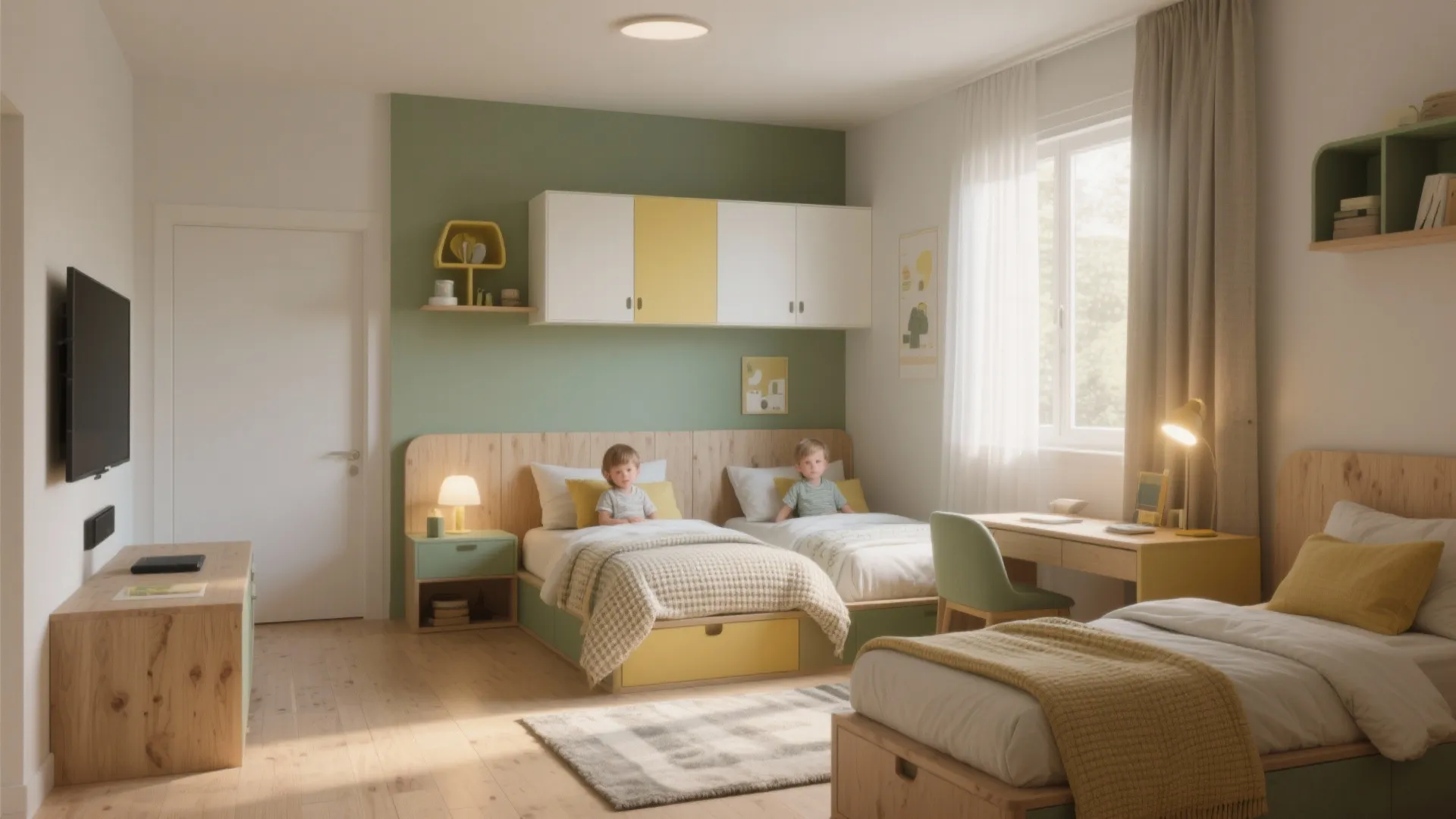 Modern kids bedroom with two single beds green walls white cabinets wooden desk and natural light