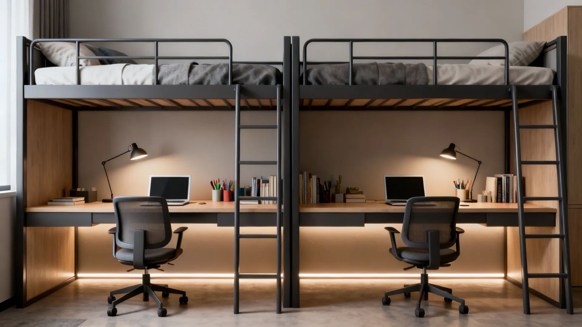 Two black metal loft beds with integrated study desks, office chairs, laptops, and warm lighting