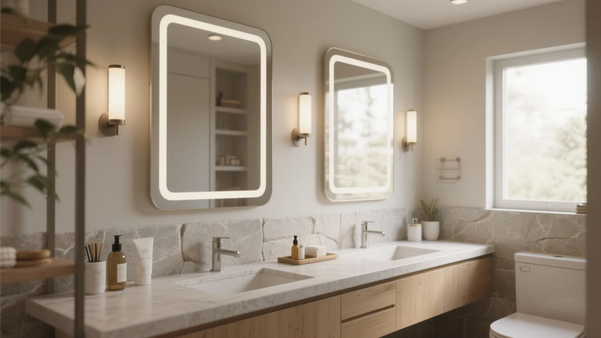 Two slim mirrors above a continuous stone ledge in a shared small bathroom