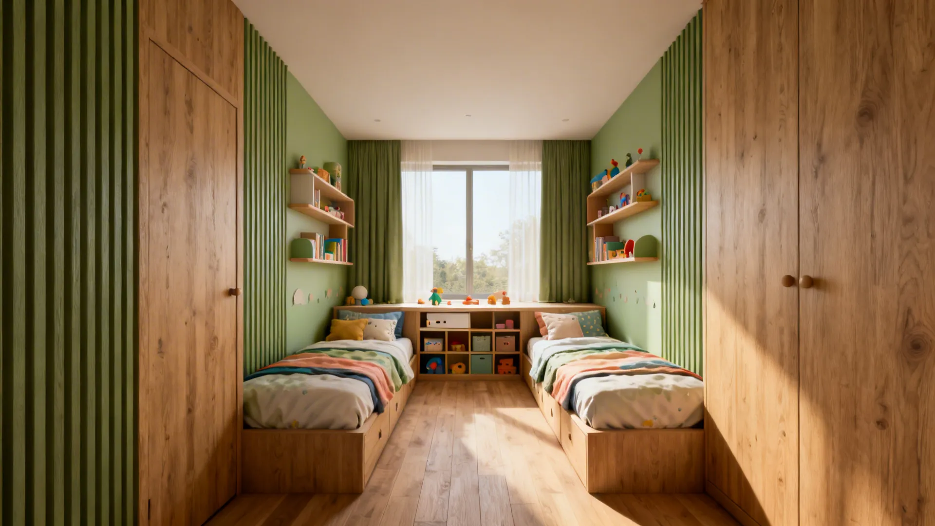 Kids bedroom with two beds green wall panels wooden cabinets and a central bright window