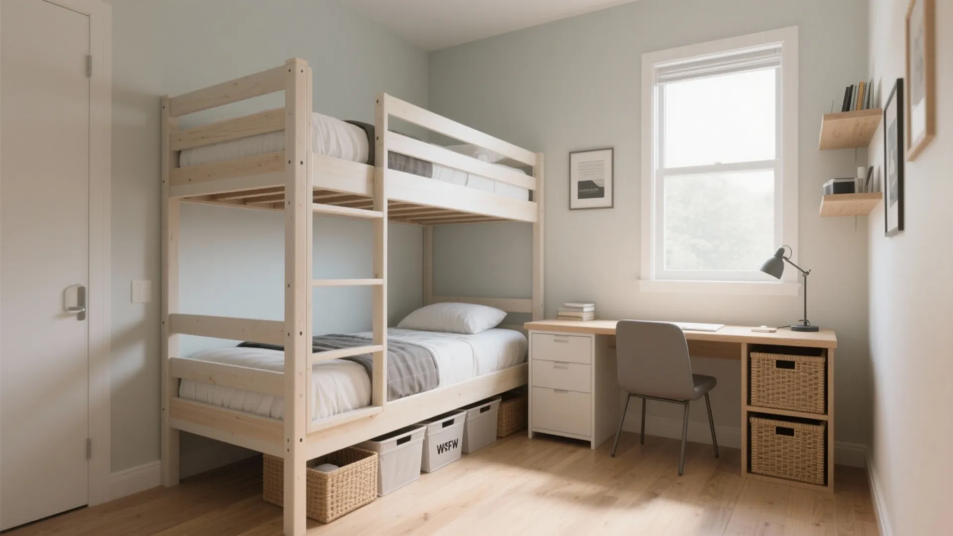Light wood bunk bed in a bedroom featuring a study desk with chair and lamp