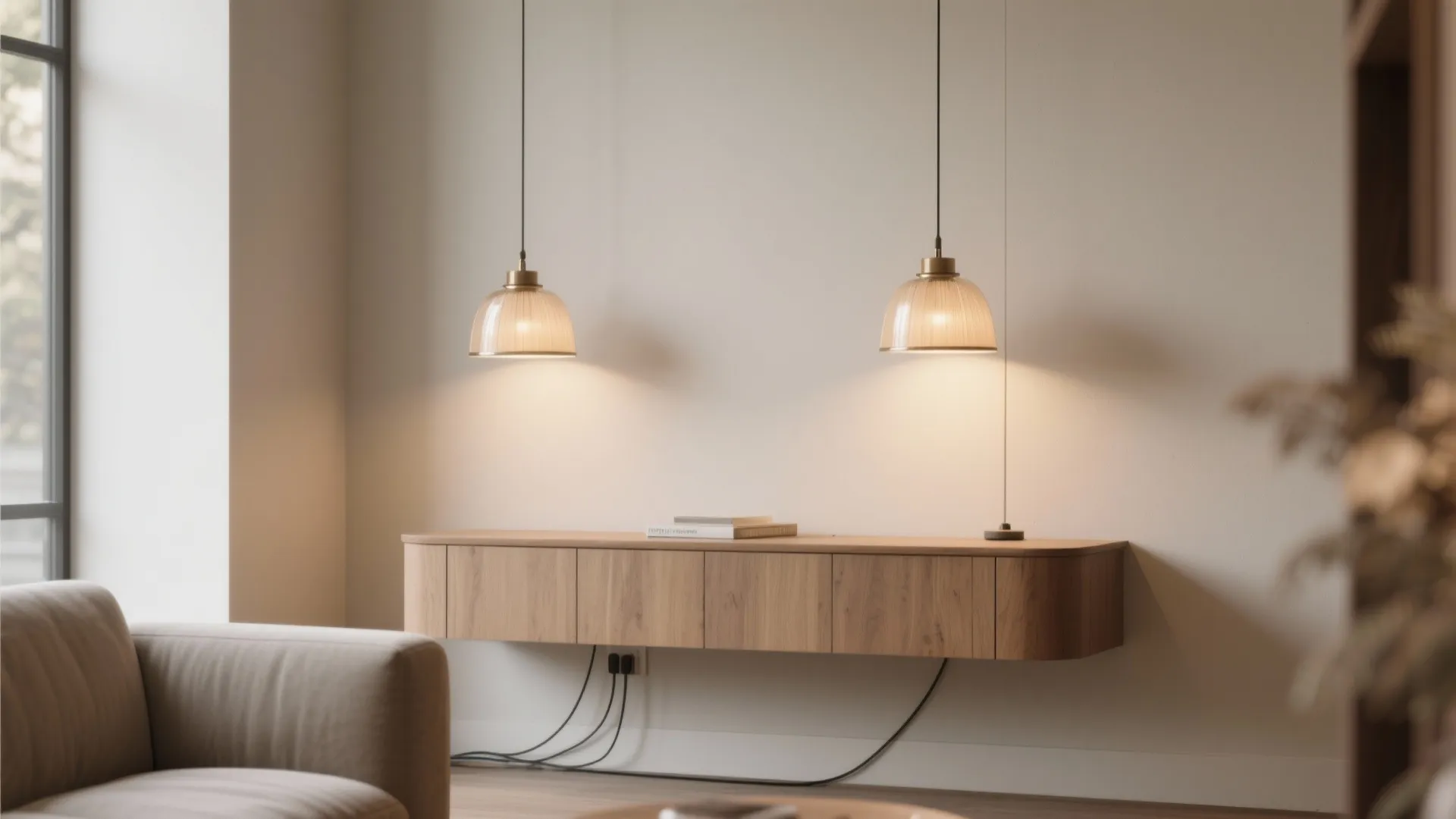 3. Twin Matching Pendant Lamps over a Console