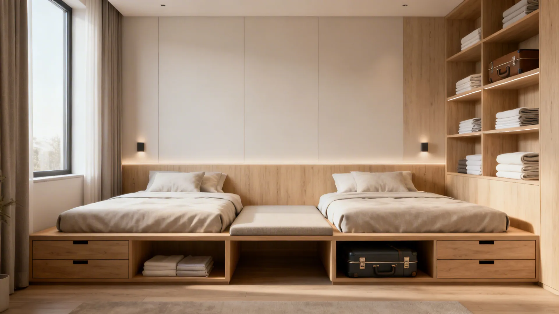 Two low platform twin beds with shared storage bench and drawers in a small bedroom