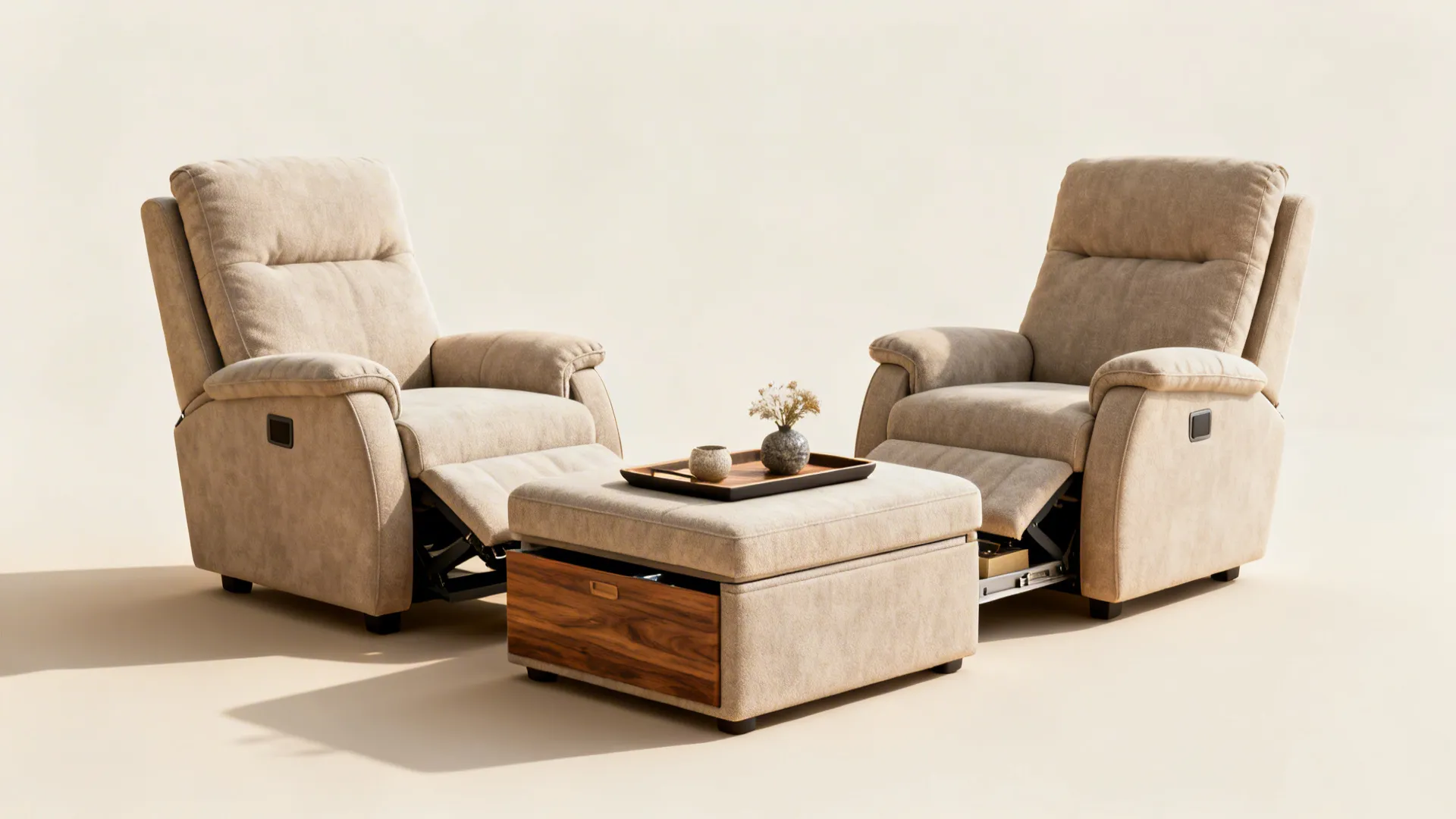 Pair of matching recliners with a shared storage ottoman serving as coffee table