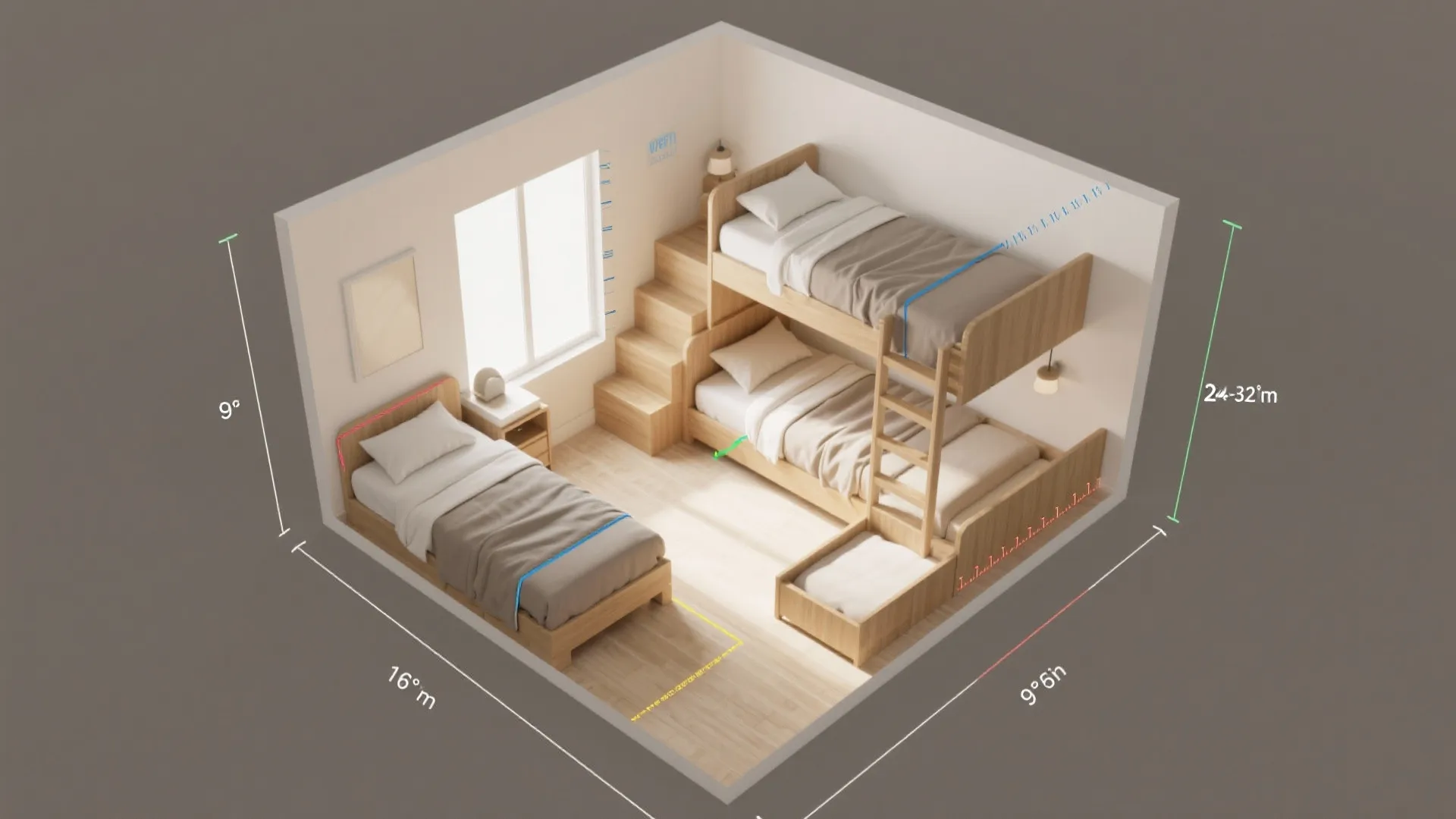 Modern bedroom floor plan with a bunk bed set plus one single bed and room dimensions