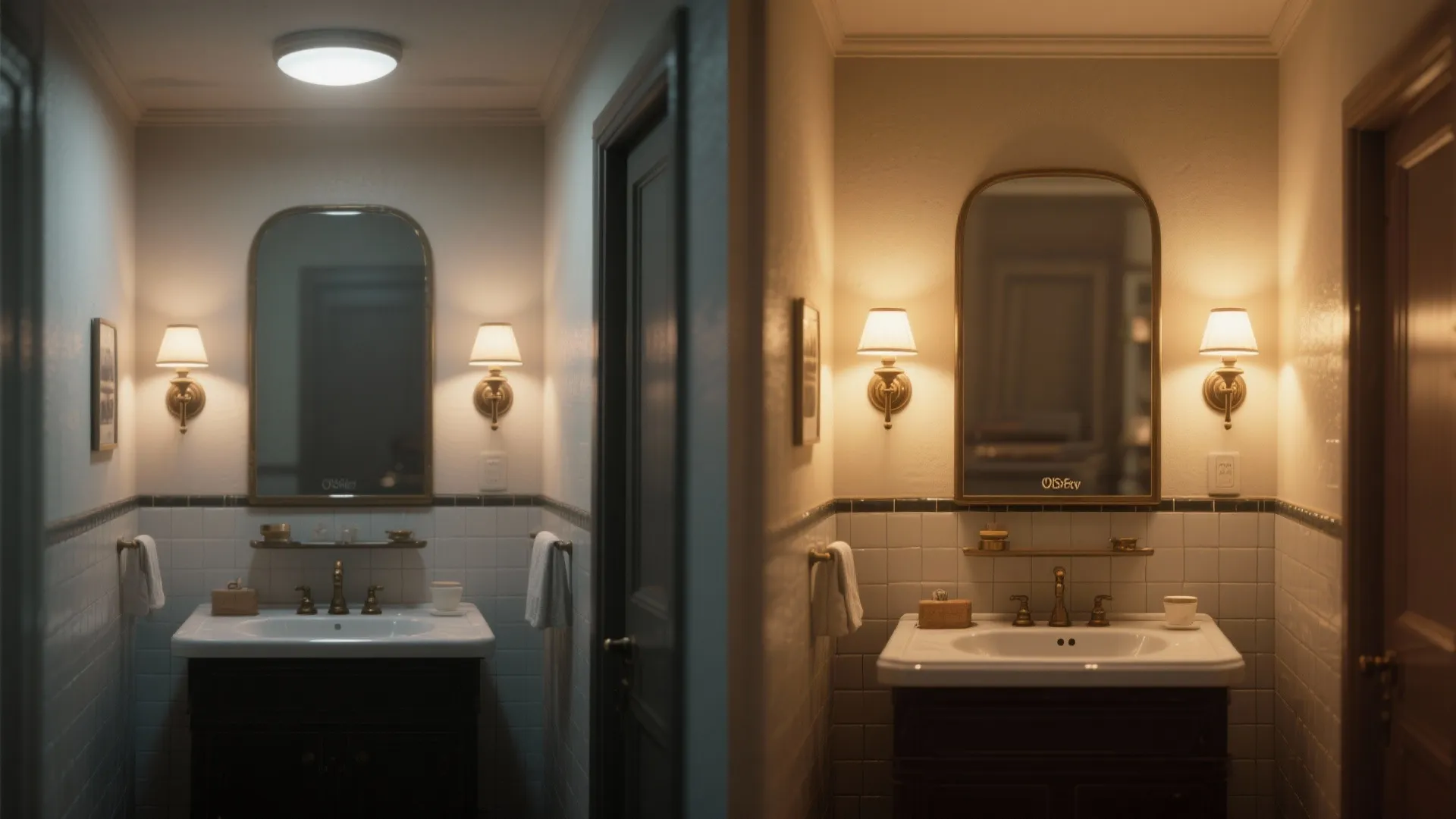 Before and after comparison of bathroom lighting showing cool ceiling light versus warm wall lights