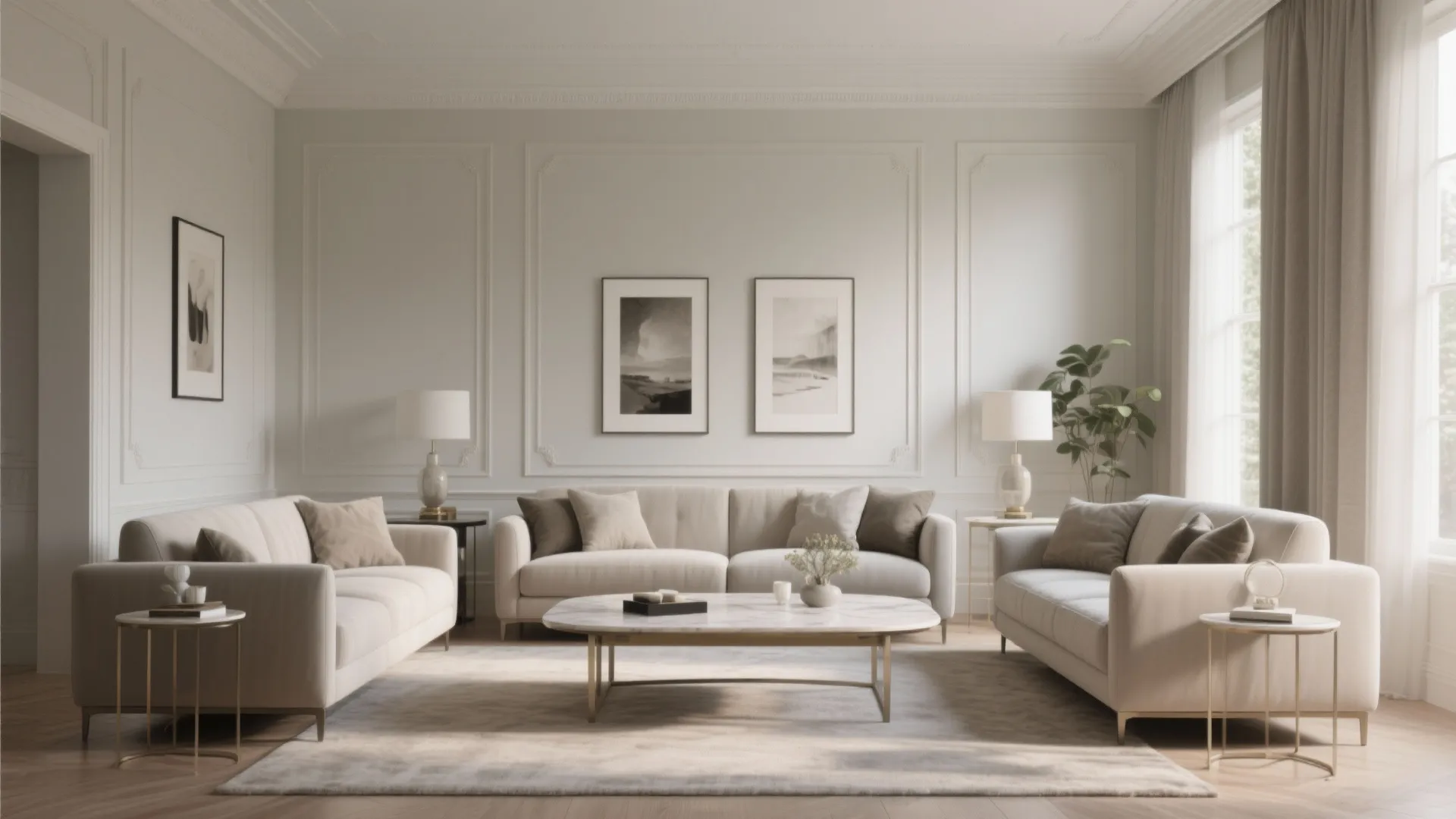 Symmetrical living room design with two facing sofas