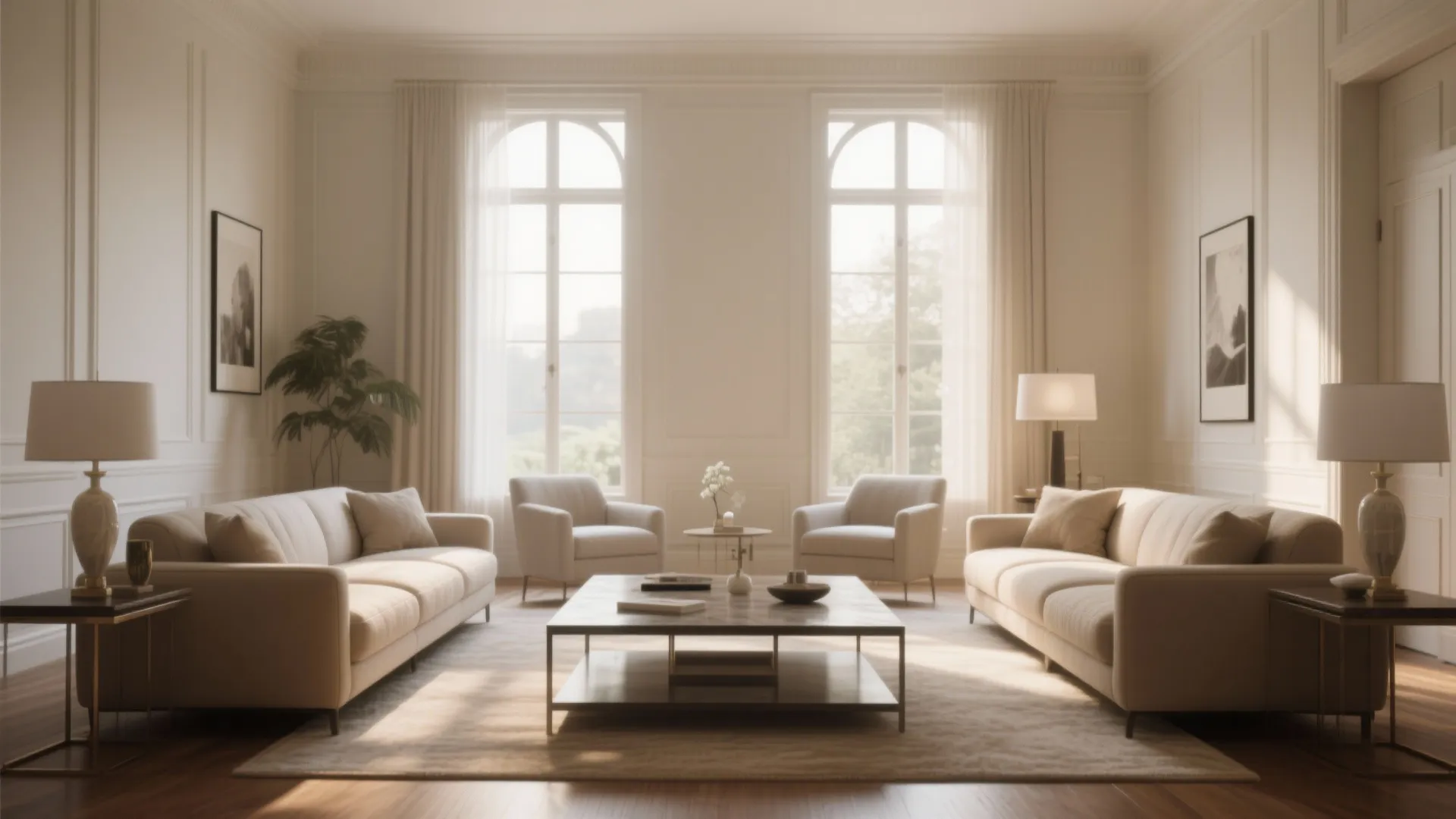 Symmetrical living room design with two beige sofas matching table lights and white wall panels decor
