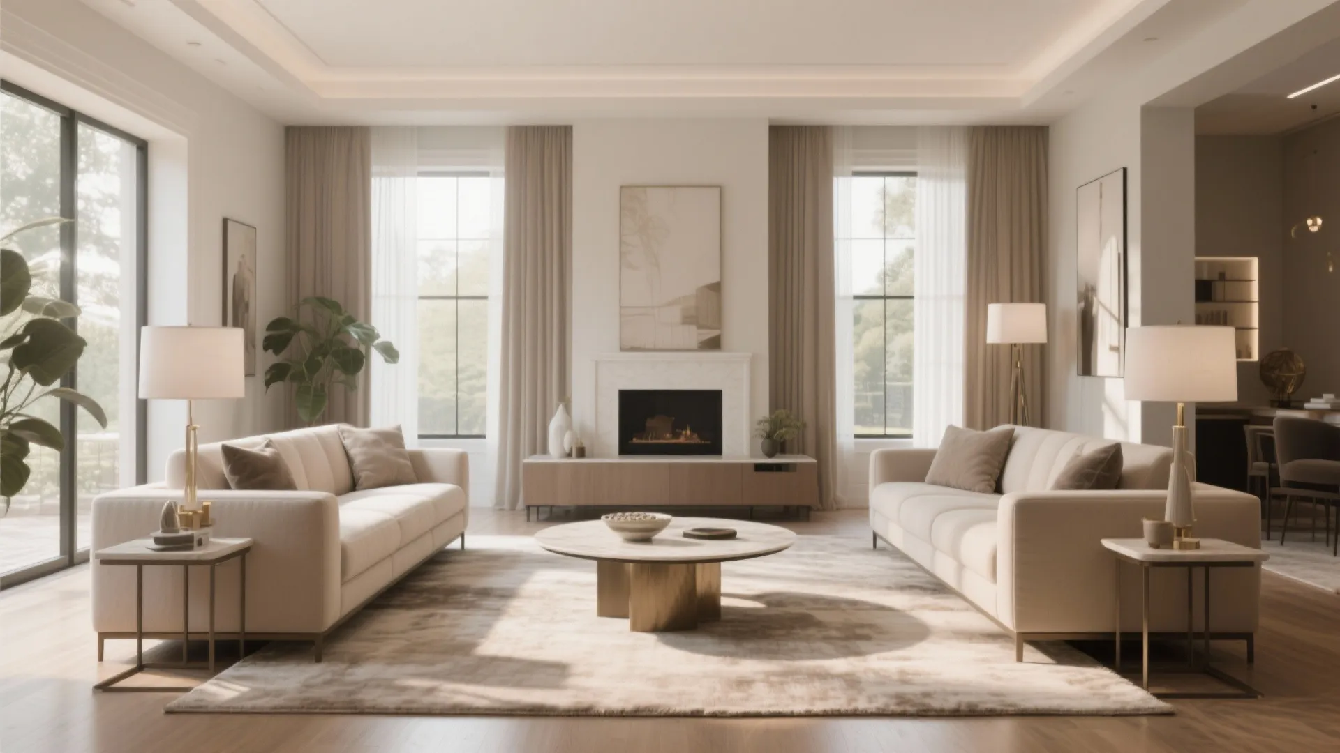 Symmetrical living room design with two cream sofas facing each other around a marble table
