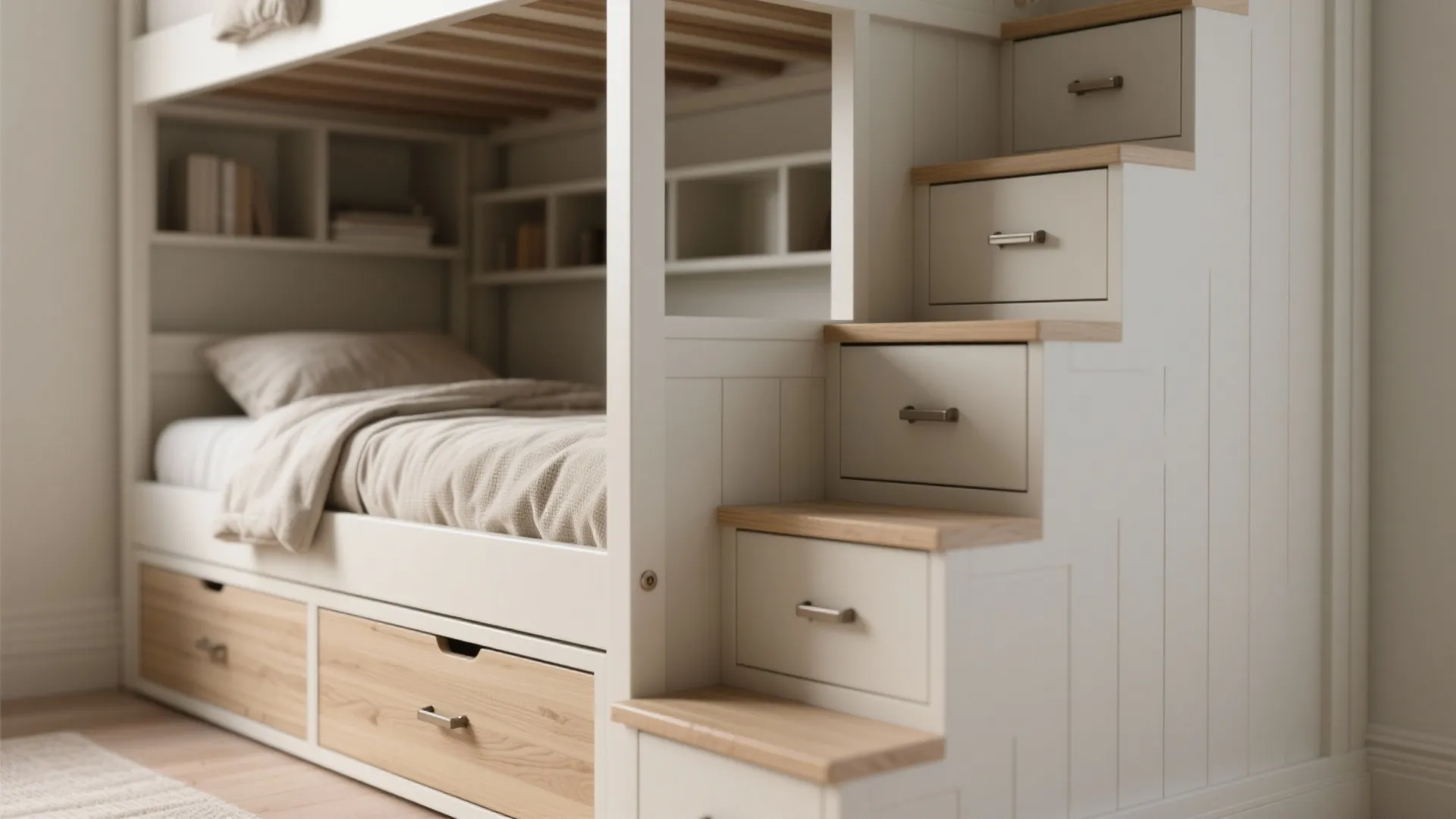 White bunk bed featuring built in storage drawers under the stairs and under the bed