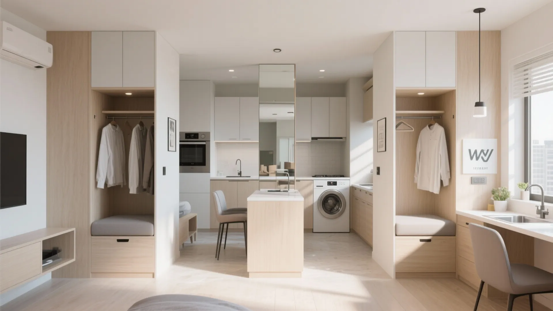 Two compact studios sharing a central kitchen and laundry core with fold-away furniture